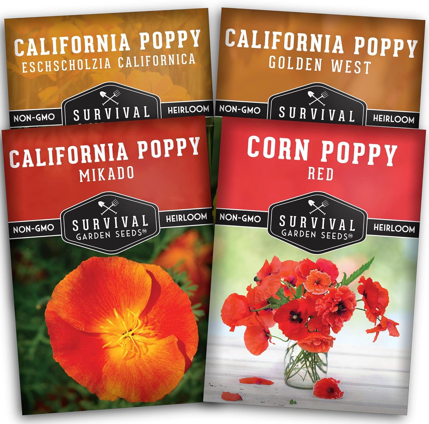 4 Packs Poppy Flower Seed - California, Golden West, Mikado, Red Corn - Full Sun Annual