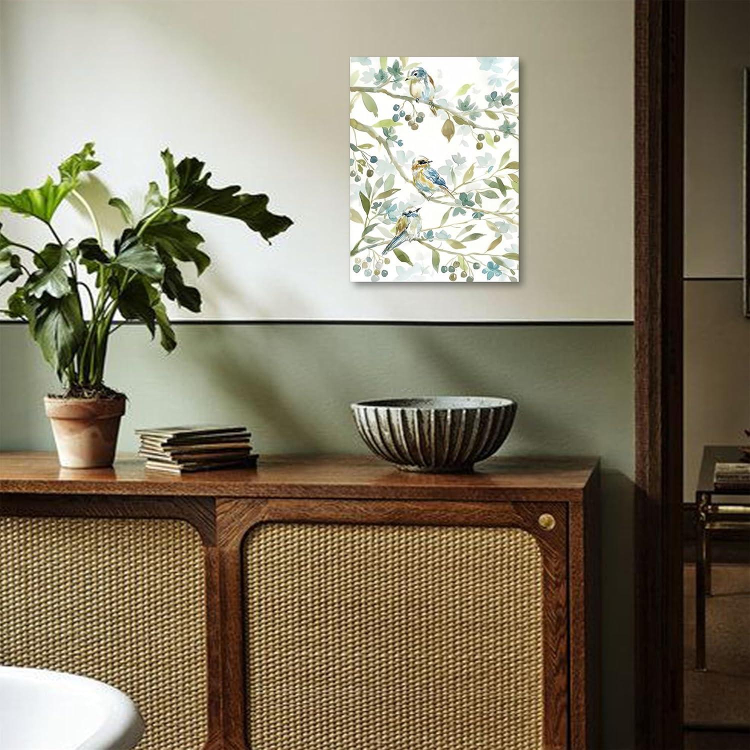 Birds Paintings Decor Wall Art for Living Room Farmhouse Vintage Botanical Leaf Framed Canvas Wall Art Birds Plant Wall Decor for Bedroom Aesthetic Bathroom Kitchen Office Dorm，ready to Hang 12x16