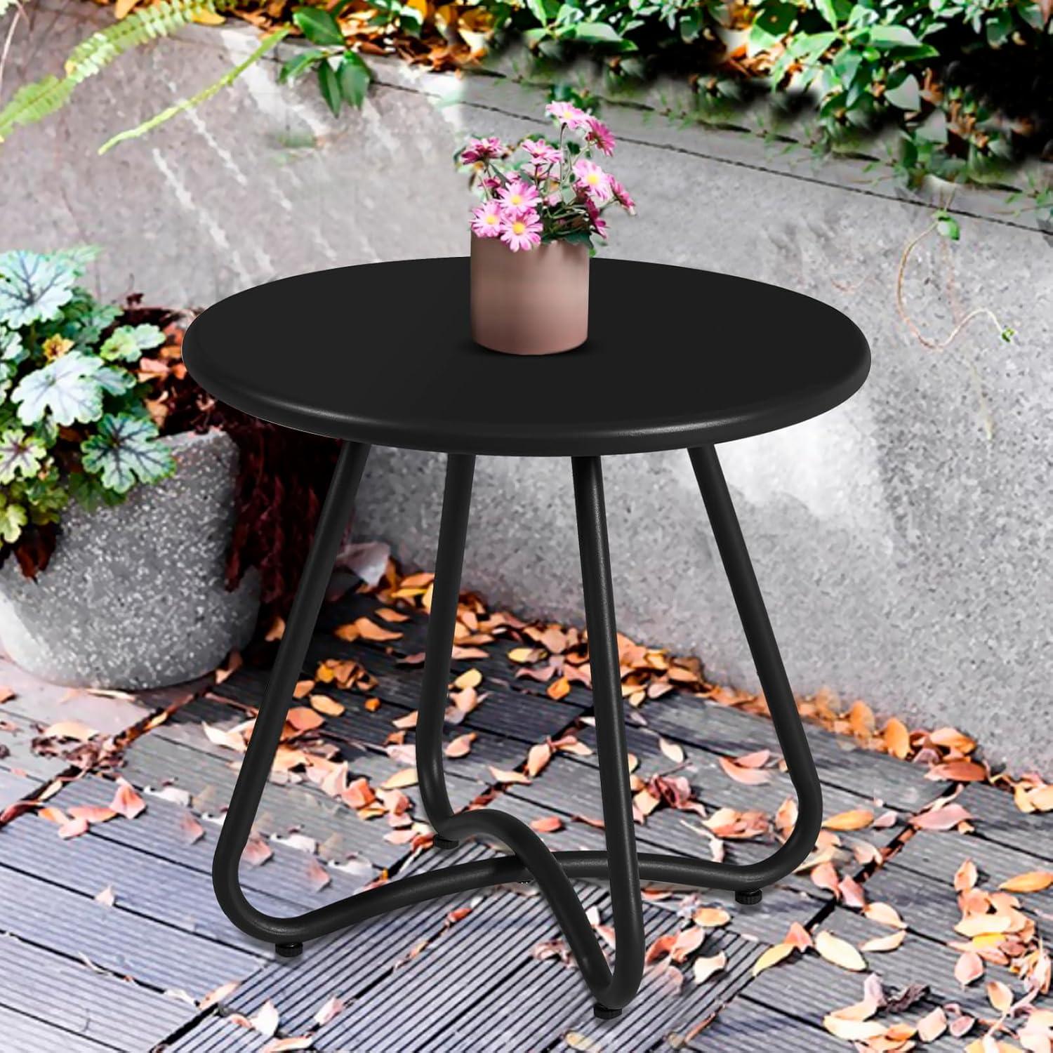 Black Round Steel Patio Side Table with Adjustable Feet