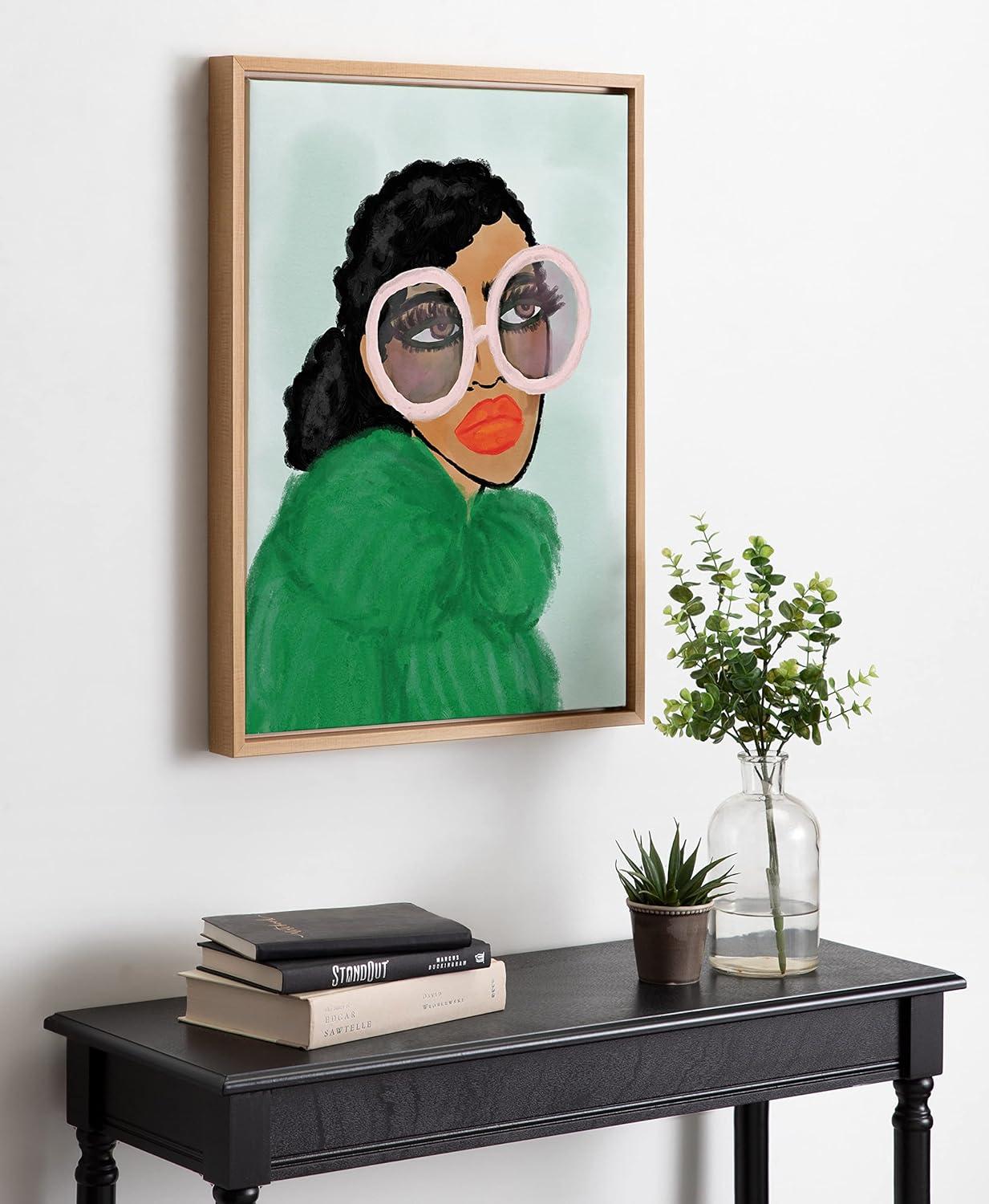 Kate and Laurel Sylvie Green Coat Framed Canvas Wall Art by Kendra Dandy of Bouffants and Broken Hearts, 18x24 Natural, Female Face Portrait Feminine Art for Wall