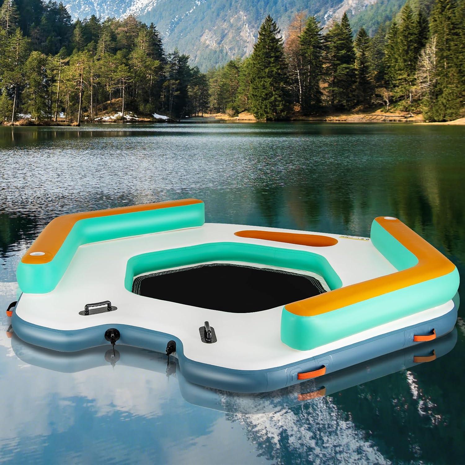 Goplus 8.7 ft Inflatable Floating Dock with Detachable Ladder Mesh Swim Lounge Beach