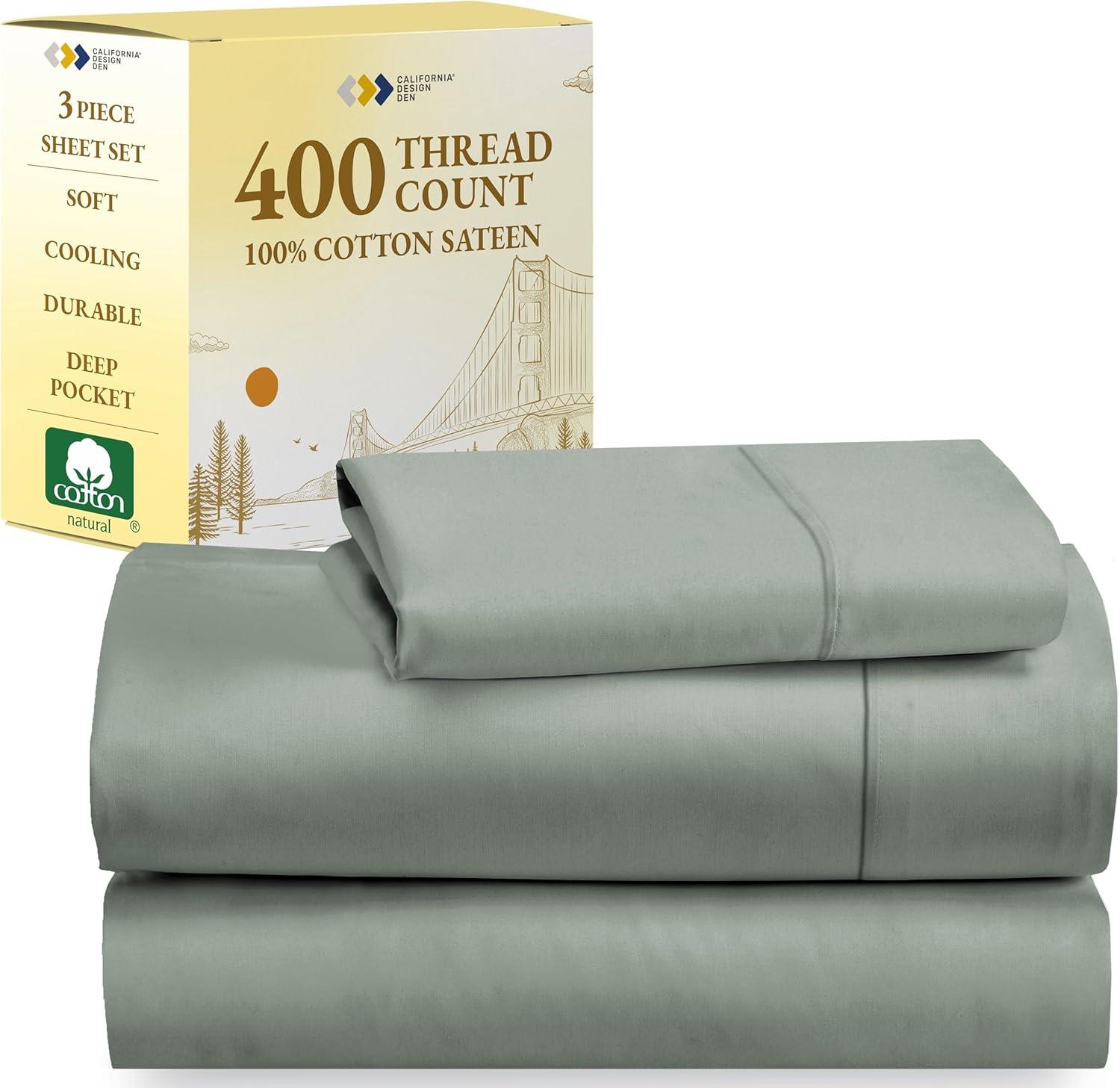 Sage Green Twin Sheet Set - 100% Cotton Bed Sheets, 400 Thread Count Sateen Weave, Deep Pocket 3 Piece Bedding - California Design Den