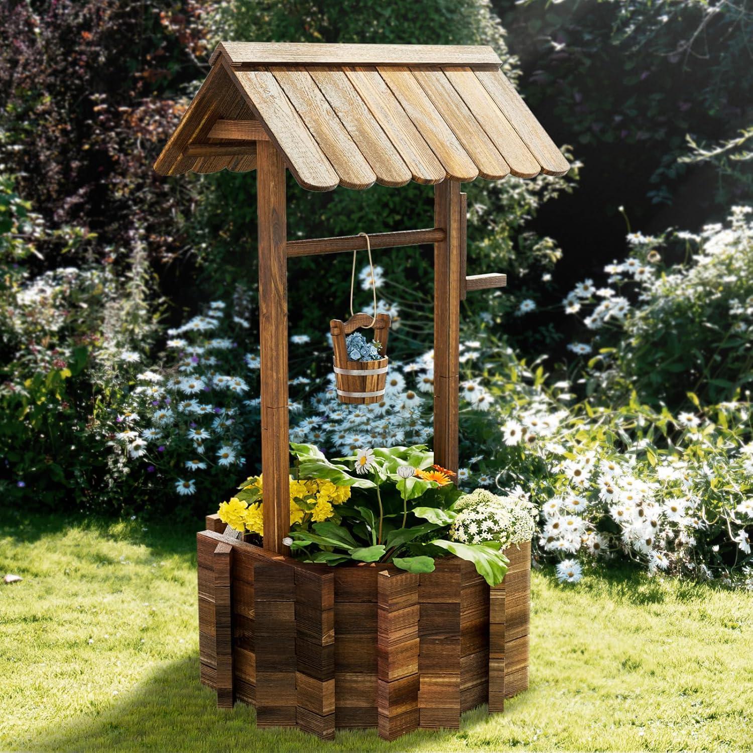 Sunmthink Wood Wishing Well Planter with Hanging Bucket for Flower and Plants, Brown