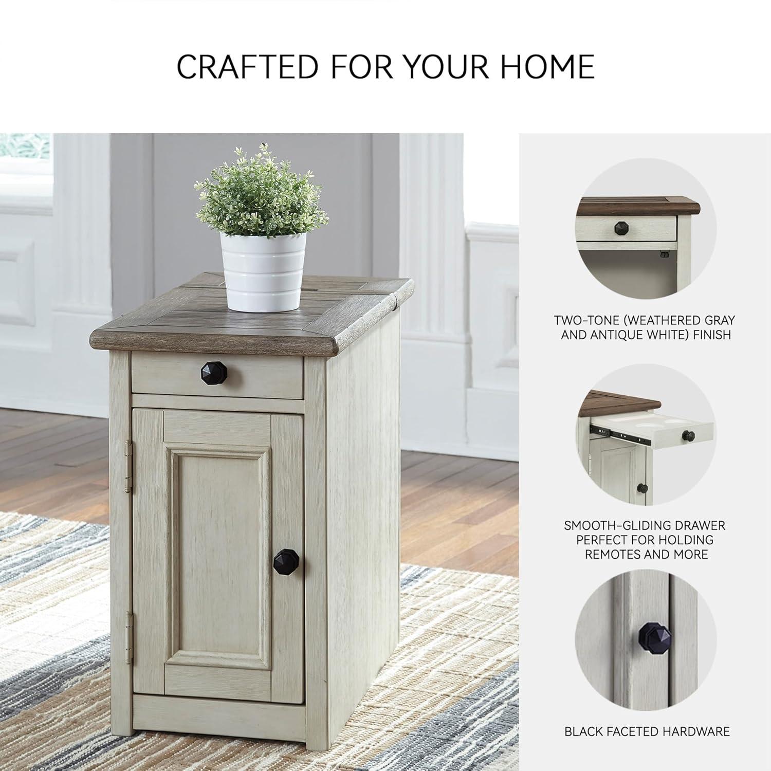 Signature Design by Ashley Bolanburg Chair Side End Table Brown/White: Vintage Style, USB Ports, Storage Cabinet