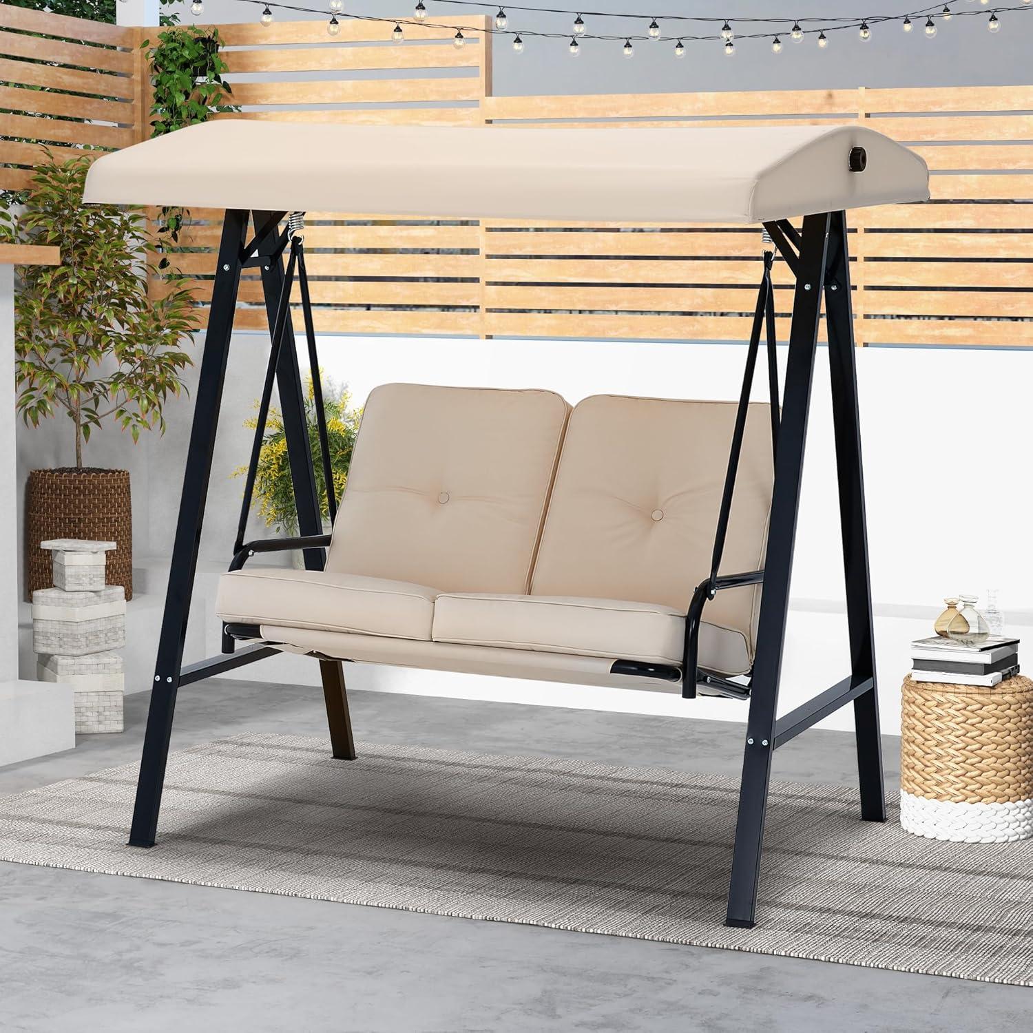 AECOJOY 2-Seat Porch Swing Chair, Patio Swing Chair w/ Cushions Beige