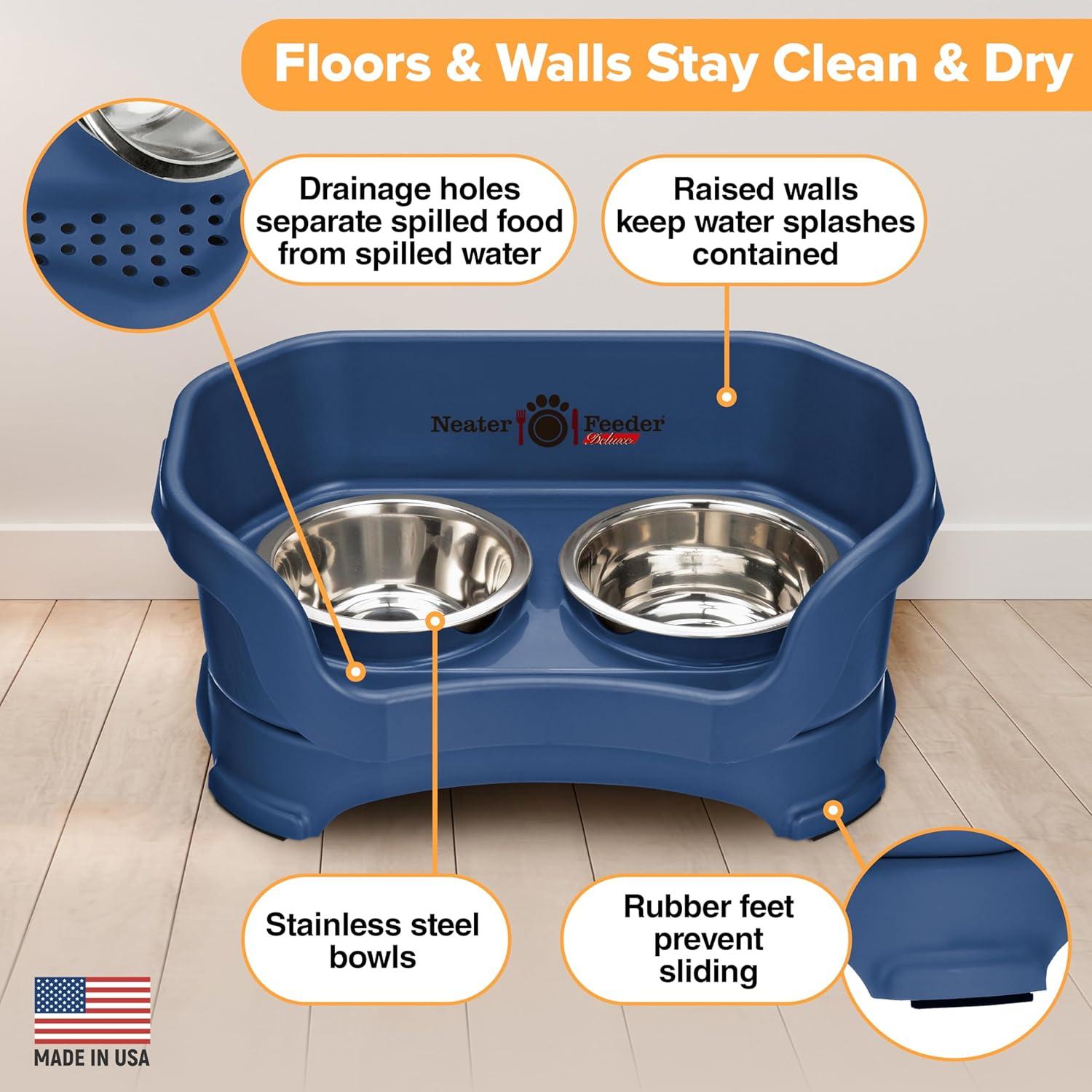 Neater Pets Neater Feeder Deluxe Mess-Proof Elevated Food & Water Bowls for Small Dogs, Dark Blue