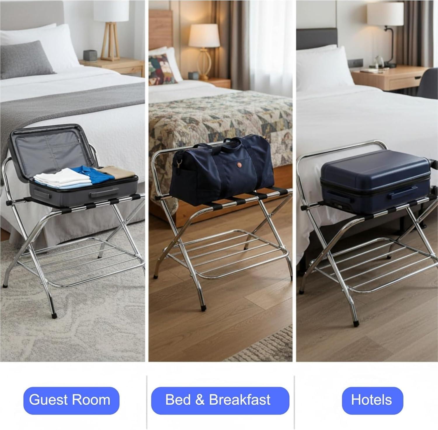 USTECH USTECH Luggage Rack-Double Tier, Assembled, Chrome, Storage Organizer, Pack of 1,