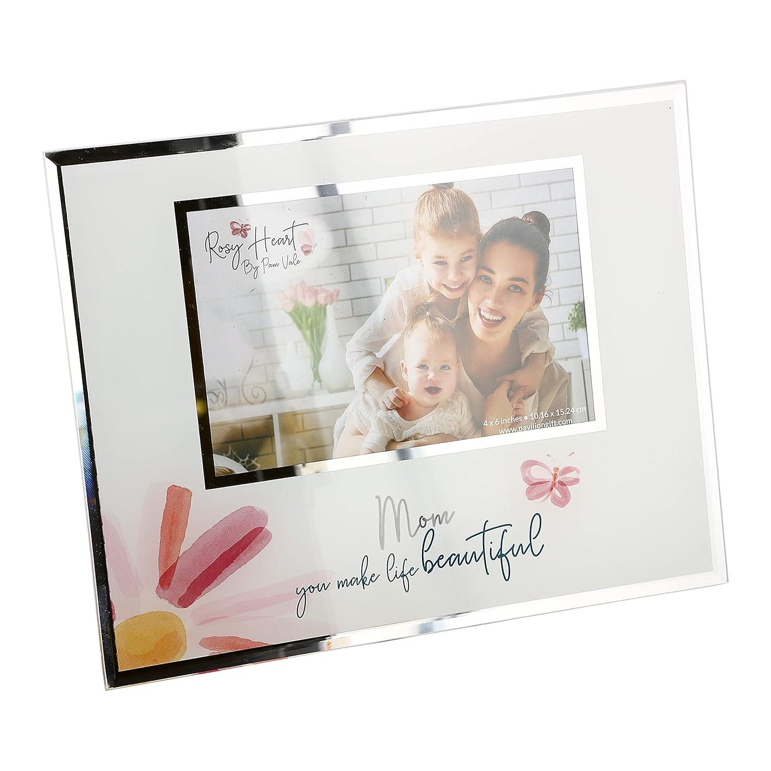 Pavilion Gift Company 6" x 4" Photo Mom You Make Life Beautiful Horizontal Candle, 9.25" x 7.25" Glass Easel Back Picture Frame, Pink