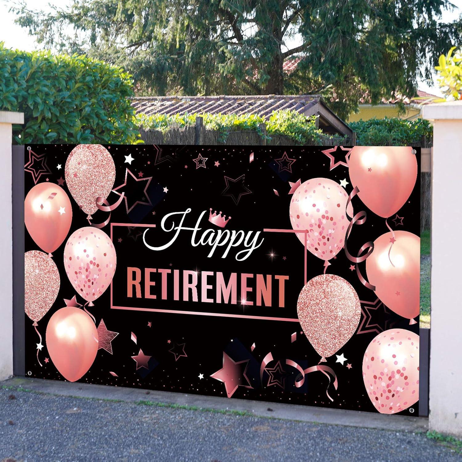 Blulu Retirement Party Decorations, Extra Large Fabric Retire Sign Banner Photo Booth Backdrop Background with Rope for Retirement Party Favor(72.8 x 43.3 Inch,Black and Rose Pink)