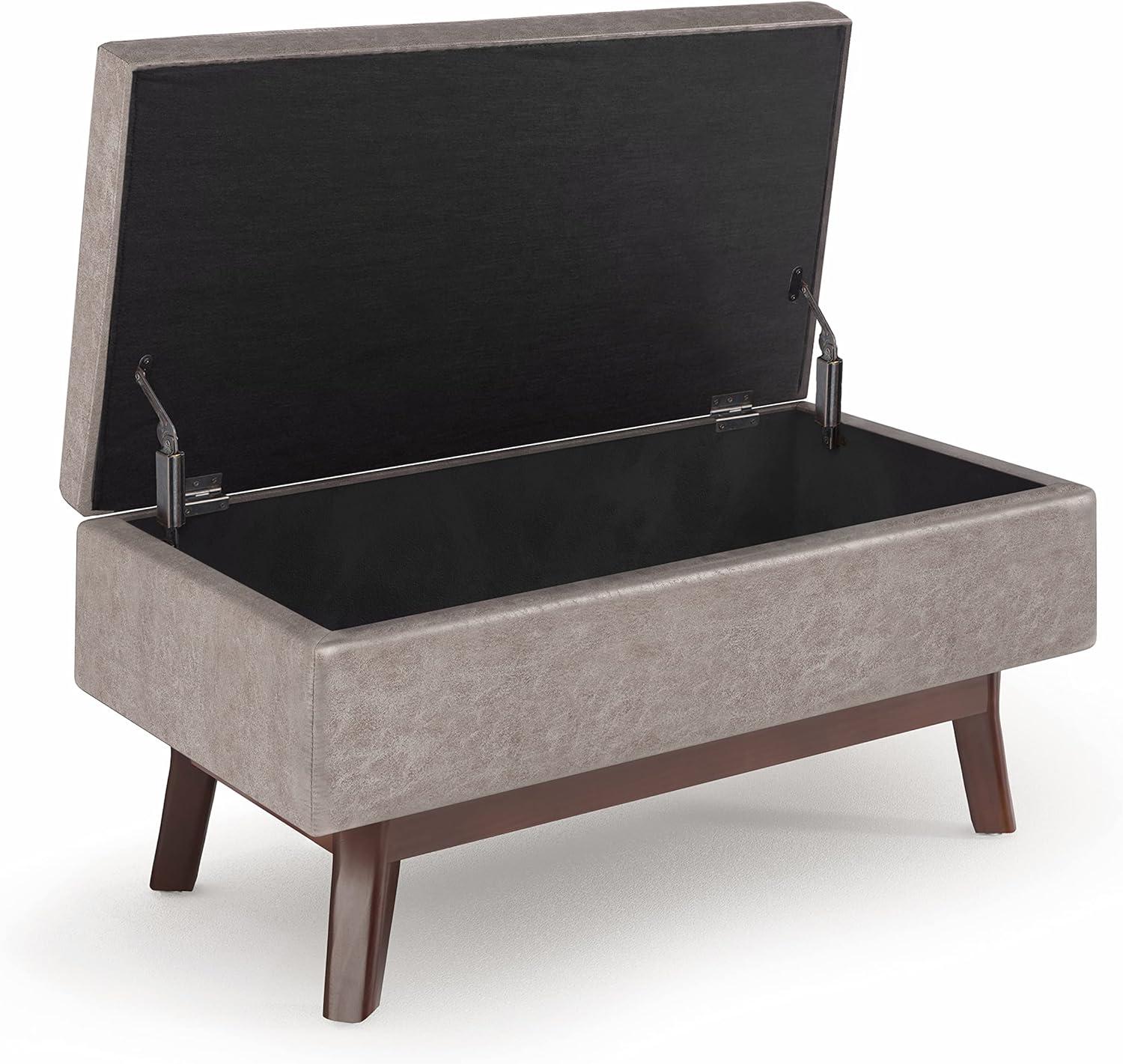 Simpli Home Rectangular Storage Ottoman In Distressed Grey Taupe Vegan Faux Leather