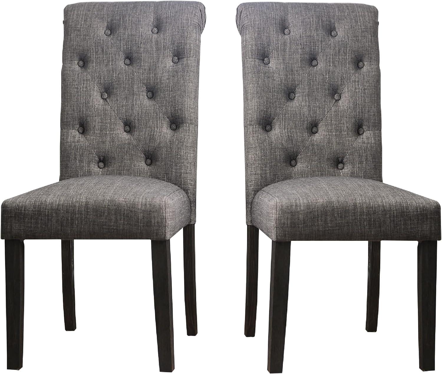 27 Inch Fabric Dining Chair, Button Tufted Rolled Back, Wood, Gray - Saltoro Sherpi