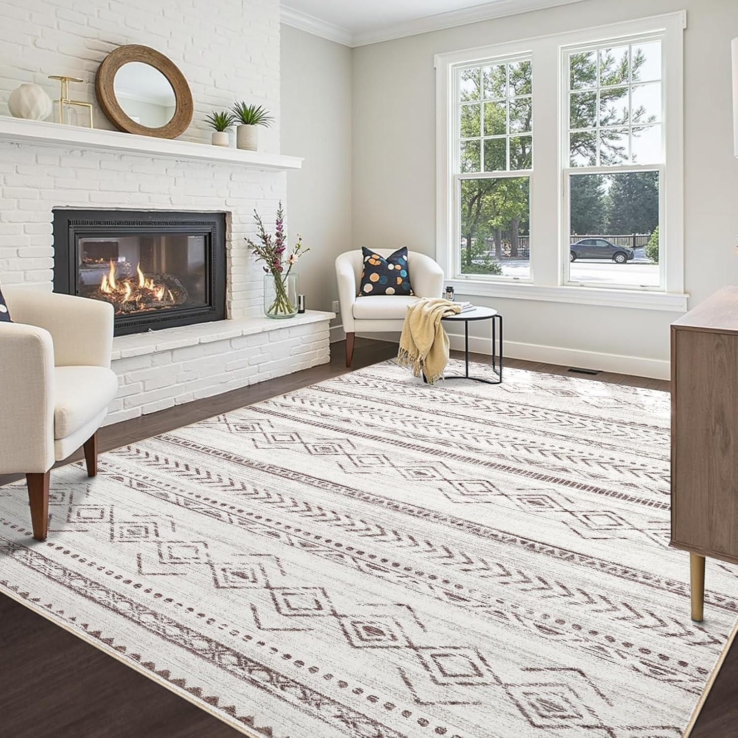 Large Living Room Area Rug 5x7: Soft Machine Washable Boho Moroccan Farmhouse Rugs for Bedroom Under Dining Table - Non-Slip Neutral Morden Indoor Floor Carpet for Home Office - Brown/Cream