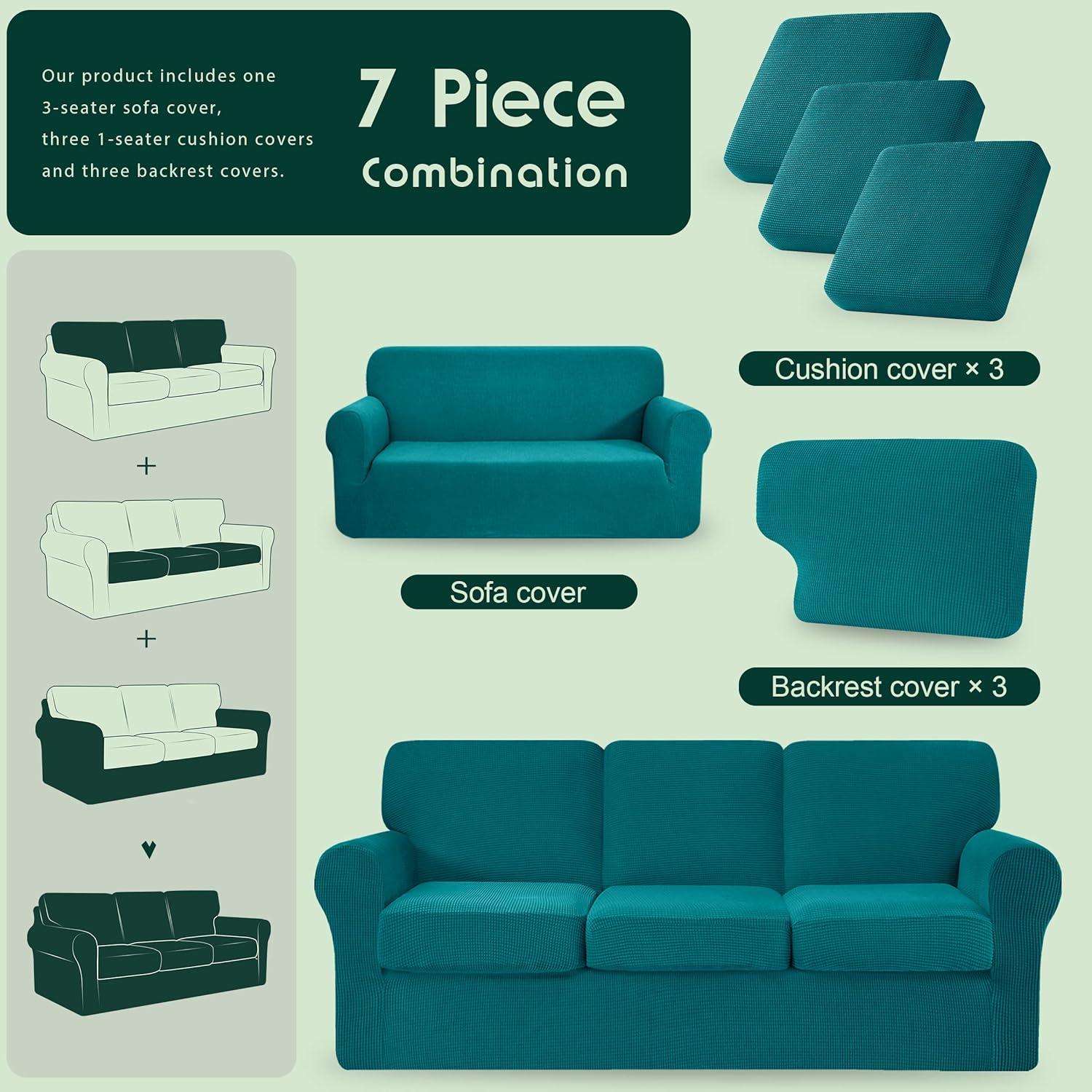 Teal Stretch Jacquard Fabric 3-Seater Sofa Cover