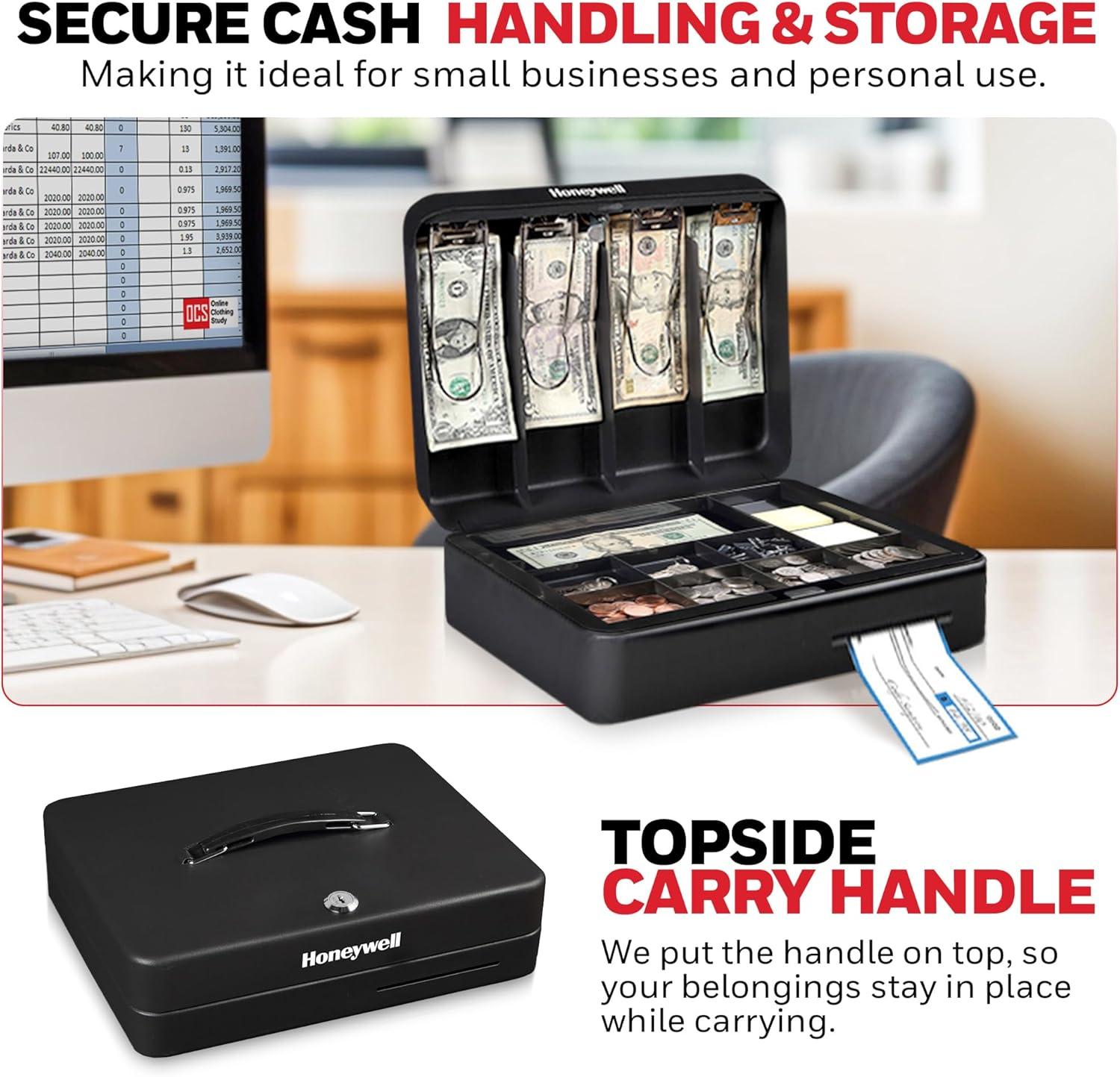 Honeywell Deluxe Steel Cash Box: Black Key Lock Safe with Removable Tray, 0.23 Volume, No Assembly Required