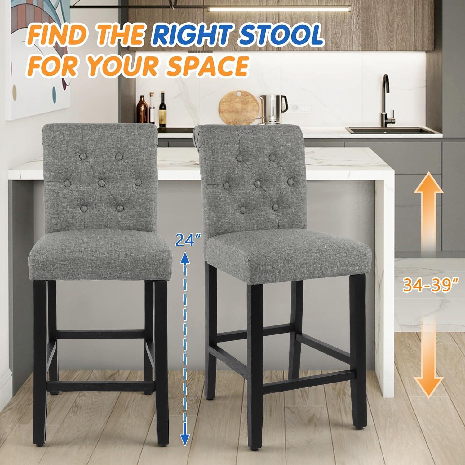 Drevy Bar Stools Set of 2, 24 inch Fabric Counter Height Bar Stools, Kitchen Island Wood Bar Chairs, Solid Wood Legs Barstools, Grey