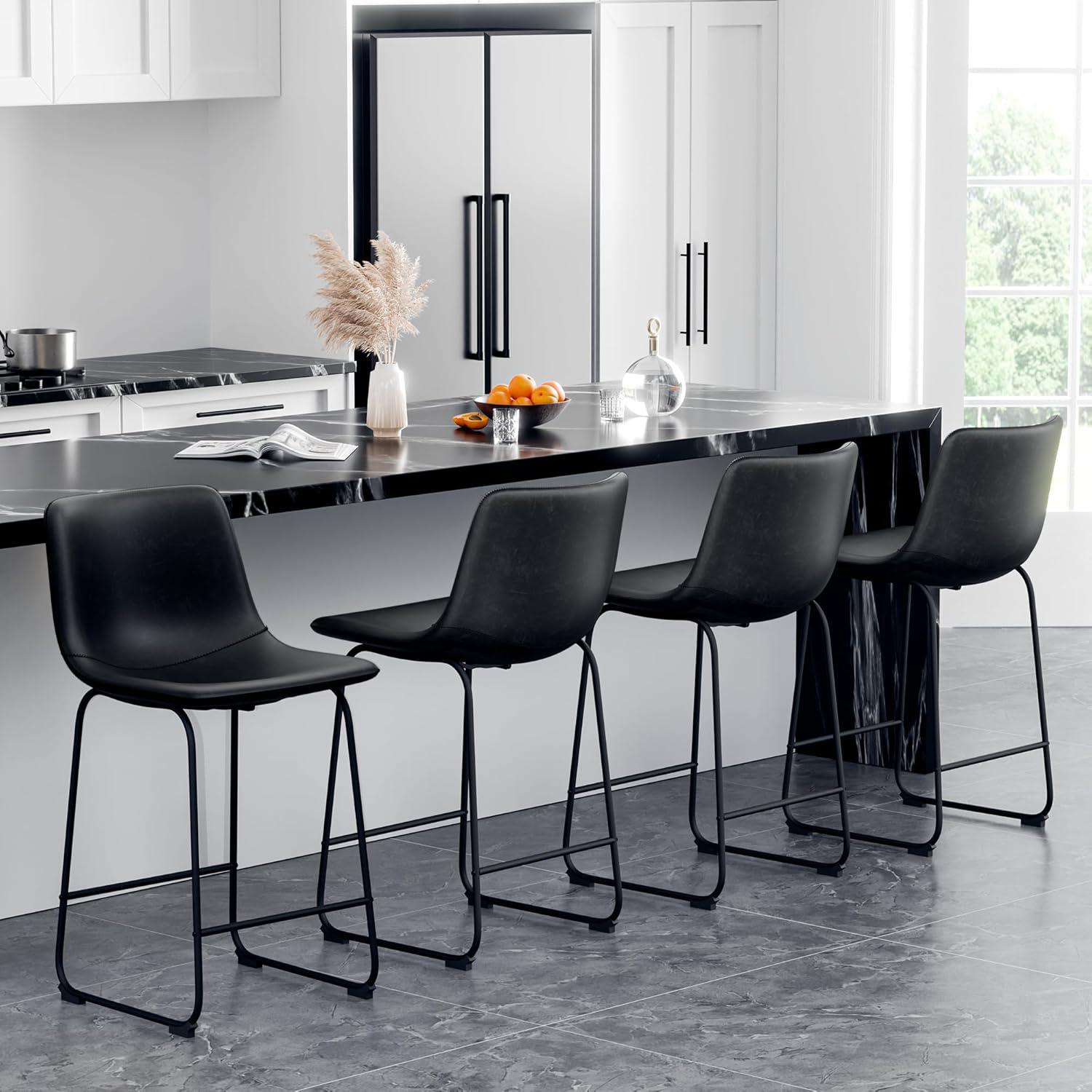 Set of 4 Black PU Leather Counter Height Bar Stools with Metal Legs