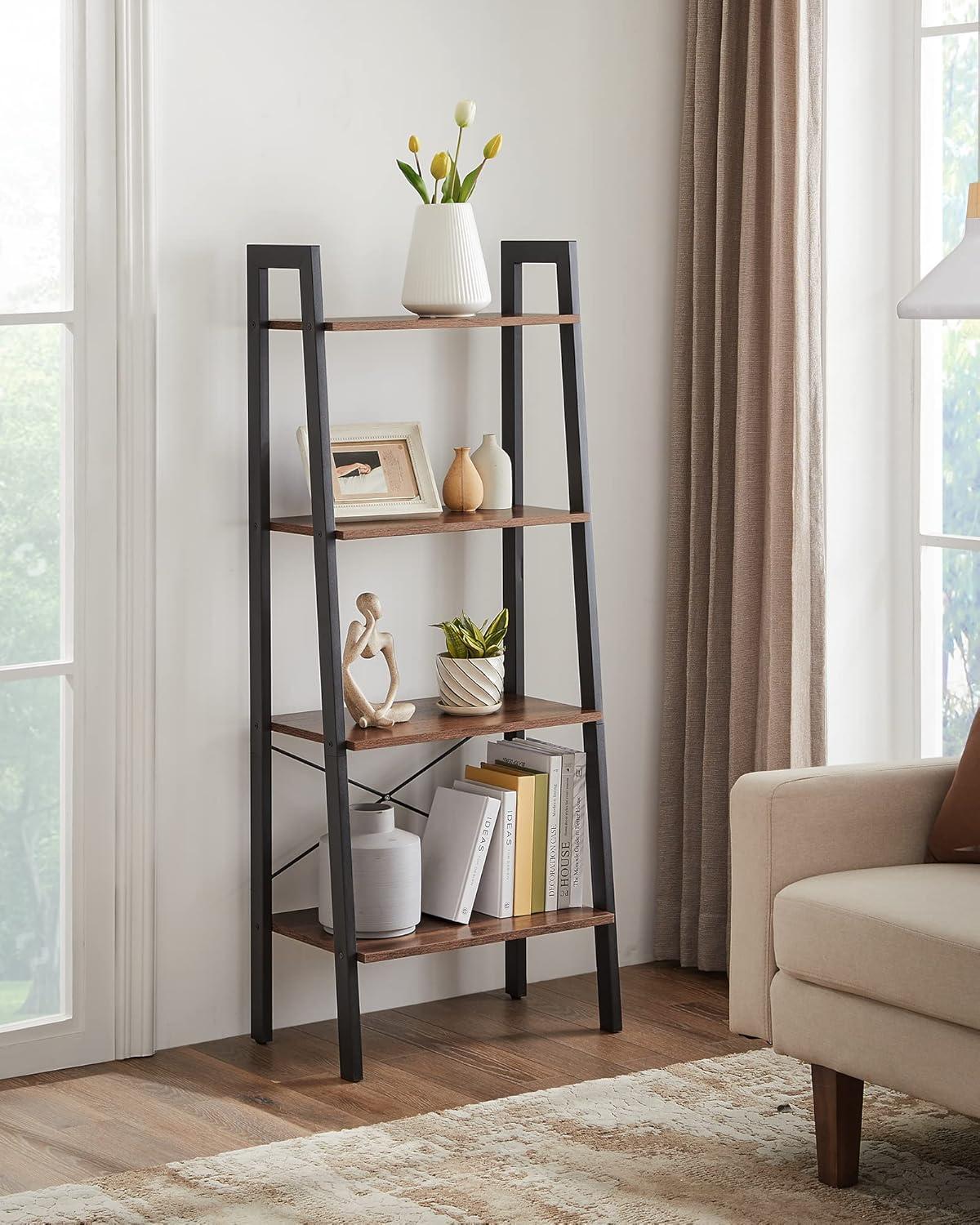 VASAGLE 4-Tier Ladder Shelf Ladder Bookshelf Bookcase Storage Rack with Steel Frame Hazelnut Brown and Black