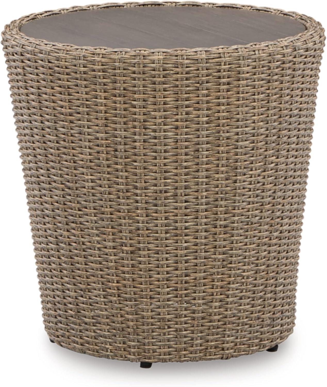 Beige Round Rattan Transitional Side Table