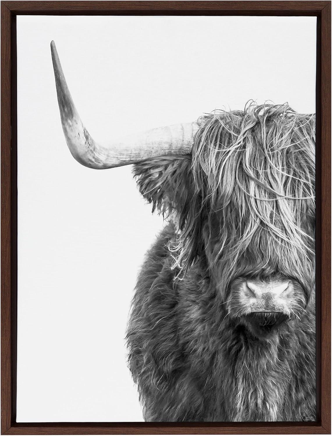 Kate and Laurel Sylvie B&W Highland Cow No. 1 Framed Canvas Wall Art by Amy Peterson Art Studio, 18x24 Brown, Black and White Animal Portrait Art