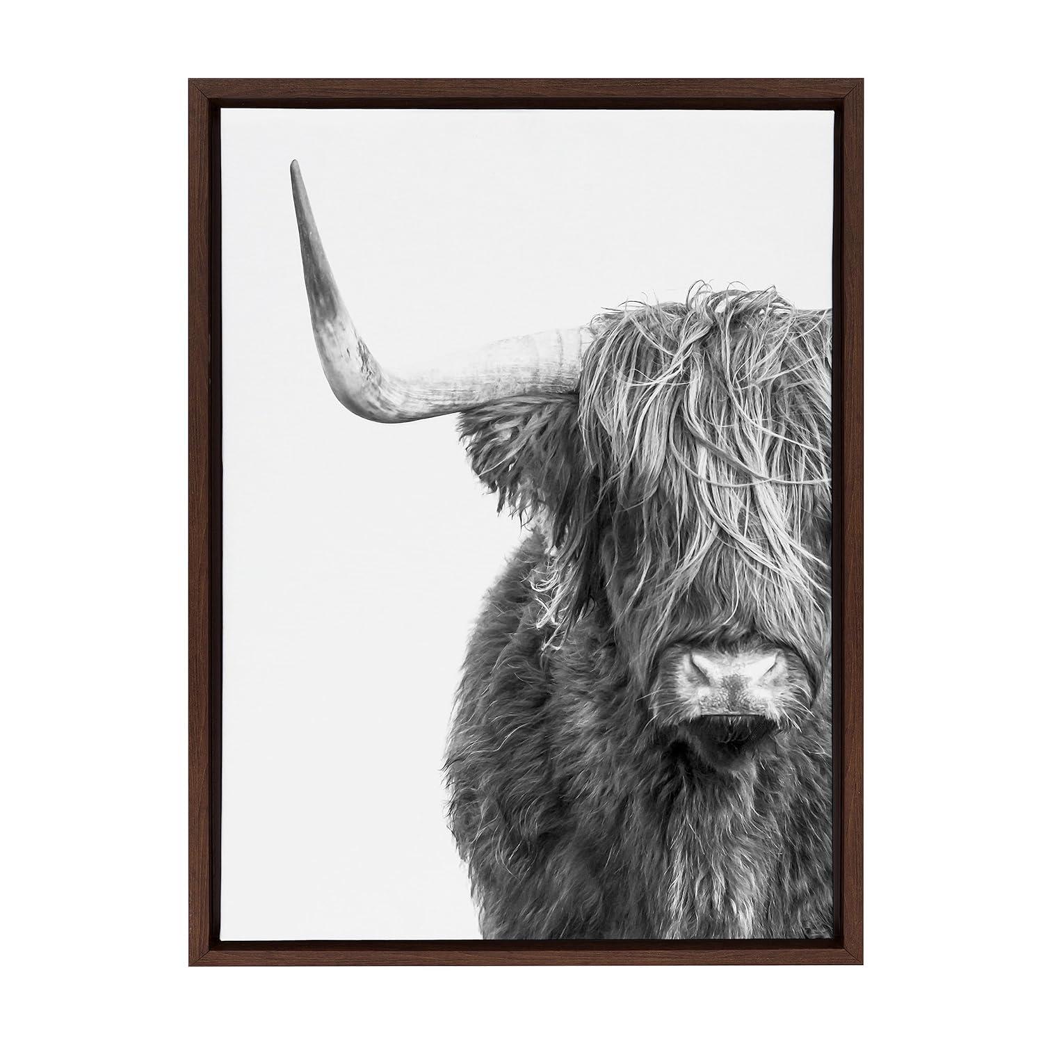 Kate and Laurel Sylvie B&W Highland Cow No. 1 Framed Canvas Wall Art by Amy Peterson Art Studio, 18x24 Brown, Black and White Animal Portrait Art