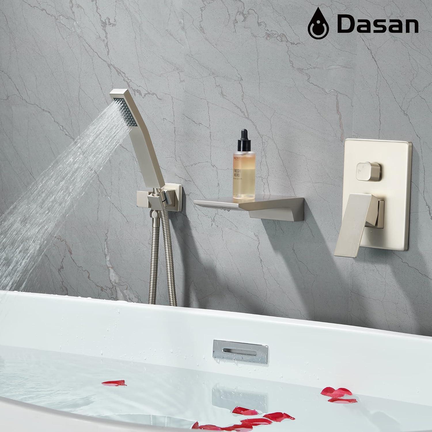 Airuida Wall Mount Tub Faucet with Waterfall Tub Spout Wall Mounted Bathtub Faucet with Handheld Shower Single Handle Tub Filler Shower Faucet Set with Rough-in valve Straight Spout Matte Black