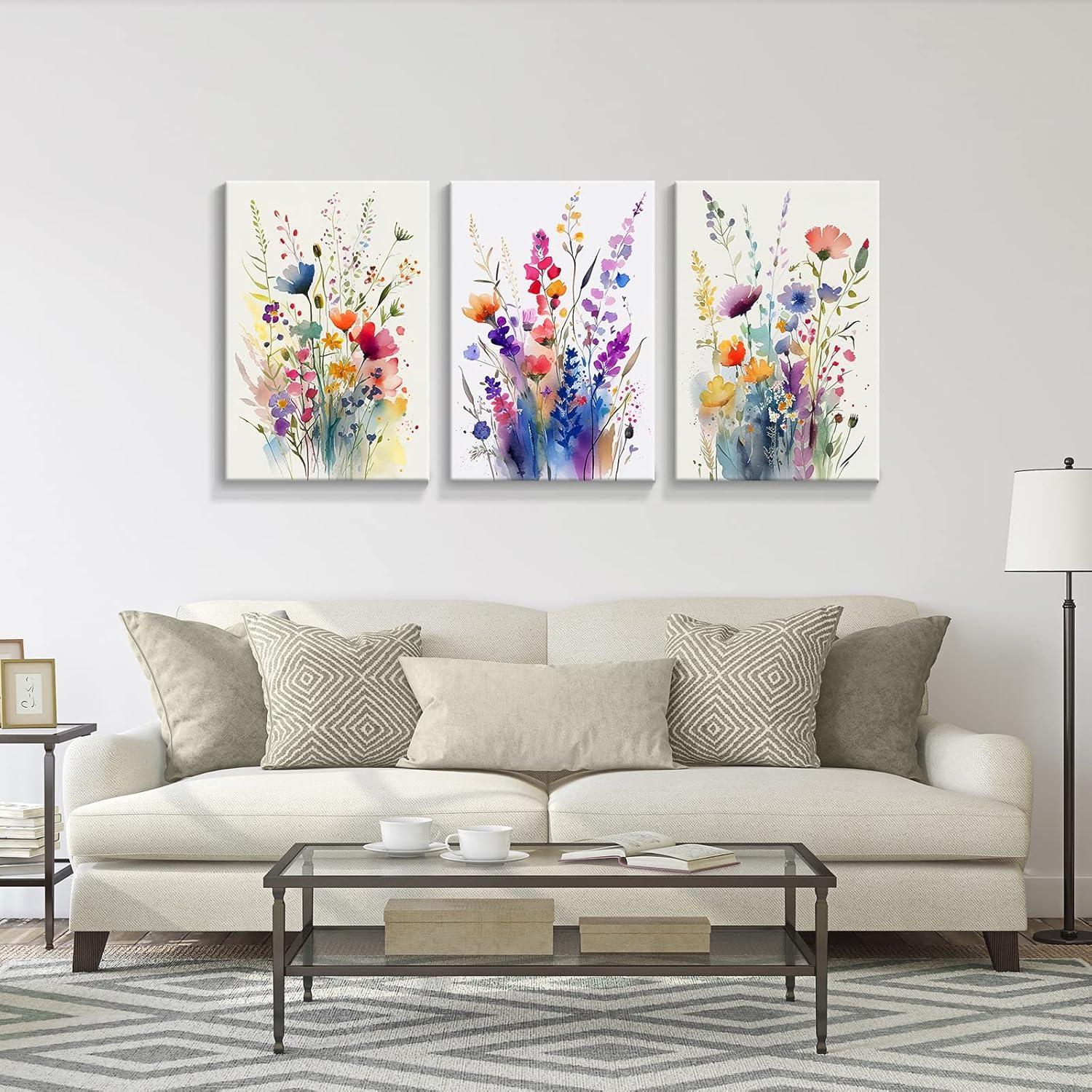 JRXY 3 Pcs Framed Watercolor Floral Botanical Canvas Wall Art Colorful Wildflower Plant Paintings Prints Posters 12x16 in