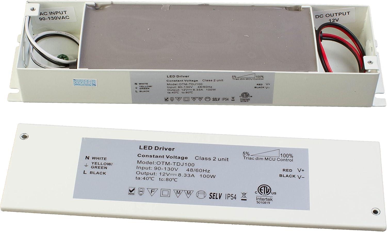 Triac Dimmable LED Driver, ETL 100v-130v to 12v 100w DC Constant Voltage Junction Box Enclosed Power Supply for LED Strip Light Compatible with Lutron Leviton AC Wall Dimmer Control