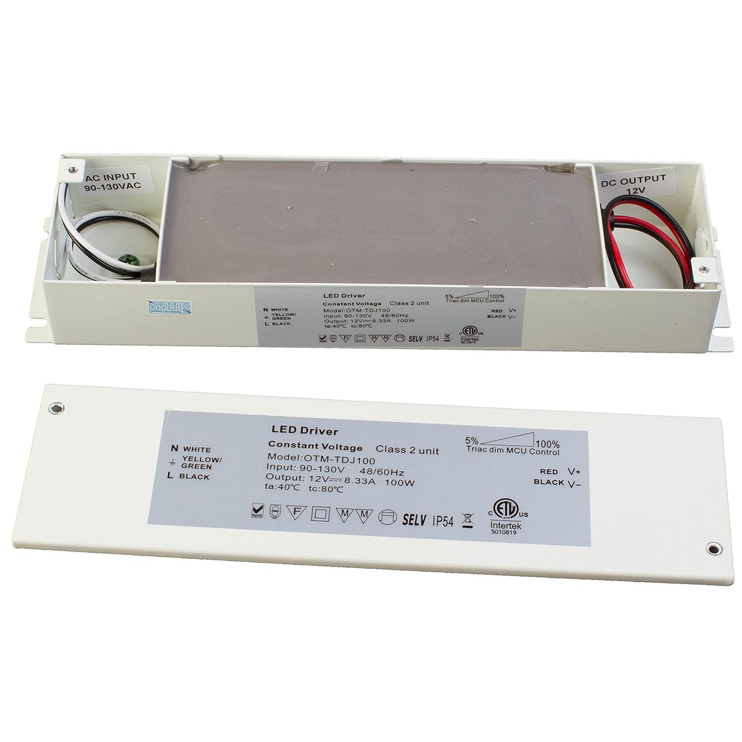 Triac Dimmable LED Driver, ETL 100v-130v to 12v 100w DC Constant Voltage Junction Box Enclosed Power Supply for LED Strip Light Compatible with Lutron Leviton AC Wall Dimmer Control