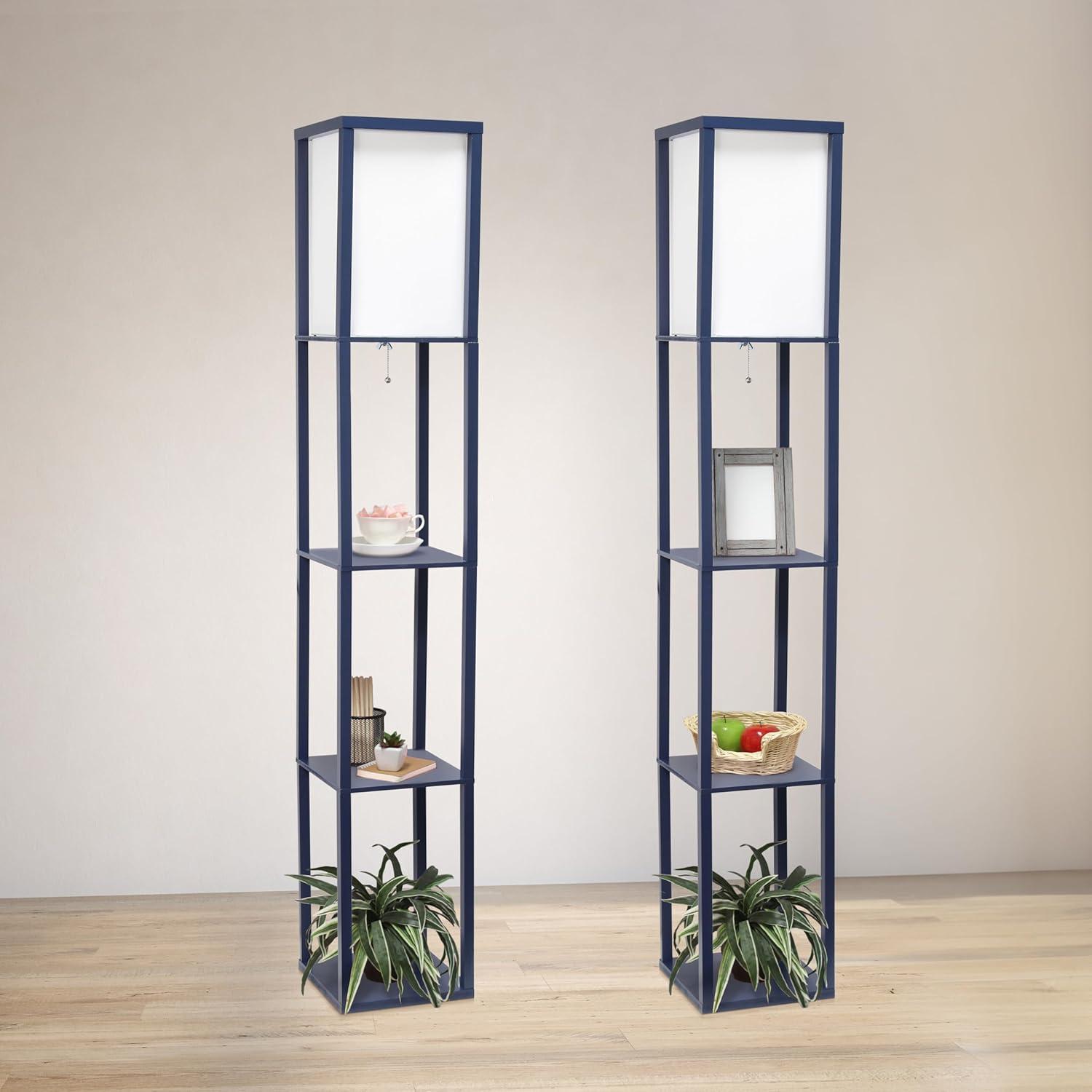 Simple Designs Floor Lamp Etagere Organizer Storage Shelf with Linen Shade, Navy