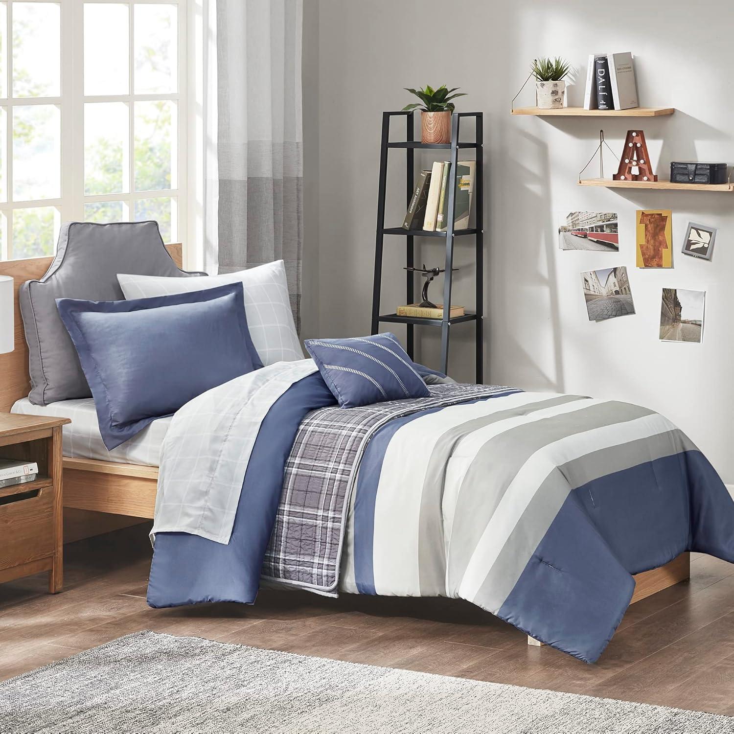 Intelligent Design Marsden Blue/Gray Microfiber Striped Comforter Set with Bed Sheets