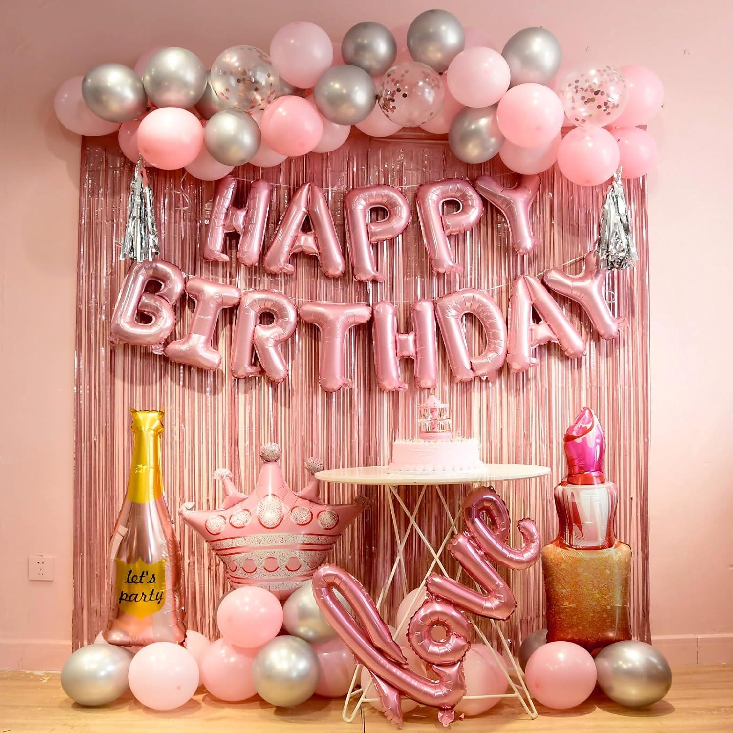 Pink and Silver Birthday Party Decoration Set with Balloons and Banner