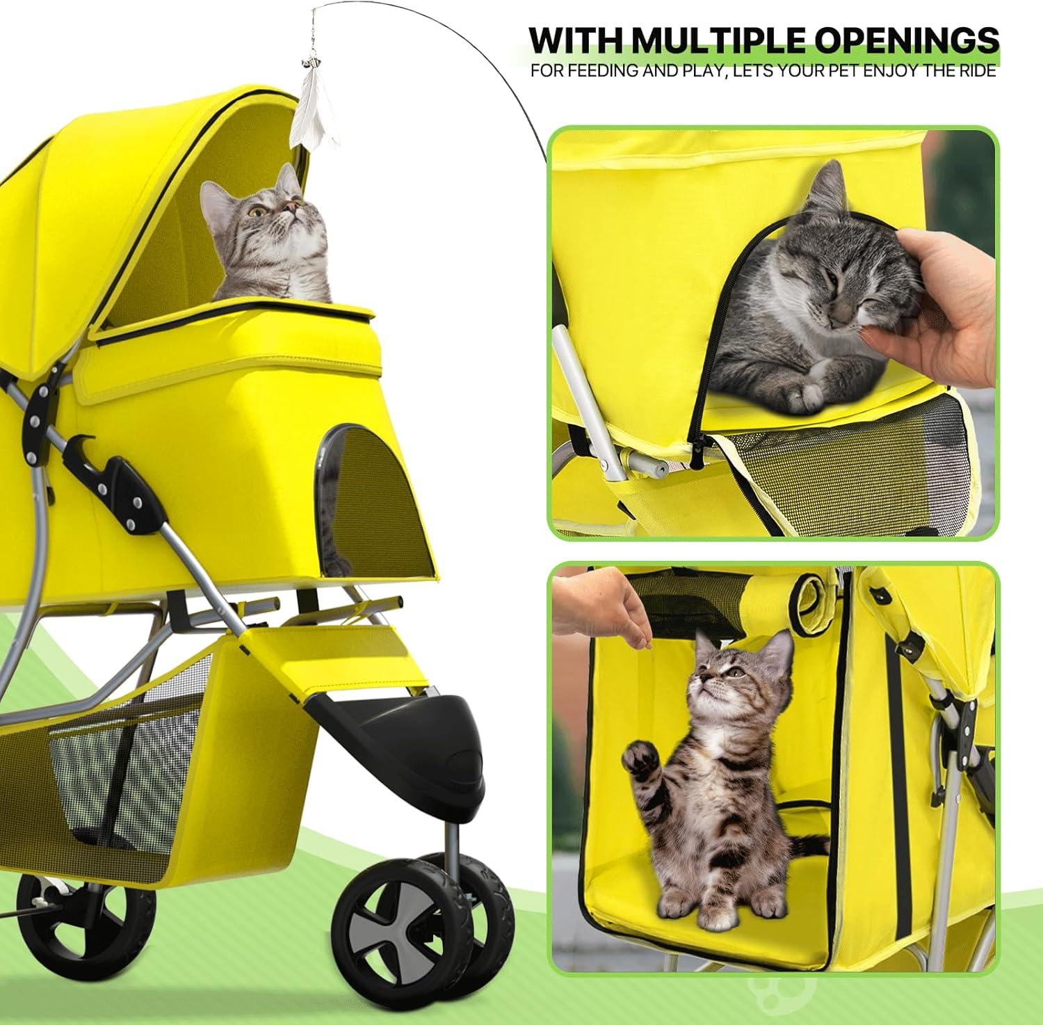 Magshion Pet Dog Stroller with 3 Wheels, Foldable Dog Stroller Carrier Cart with Storage Basket and Cup Holder for Small and Medium Dogs, Yellow