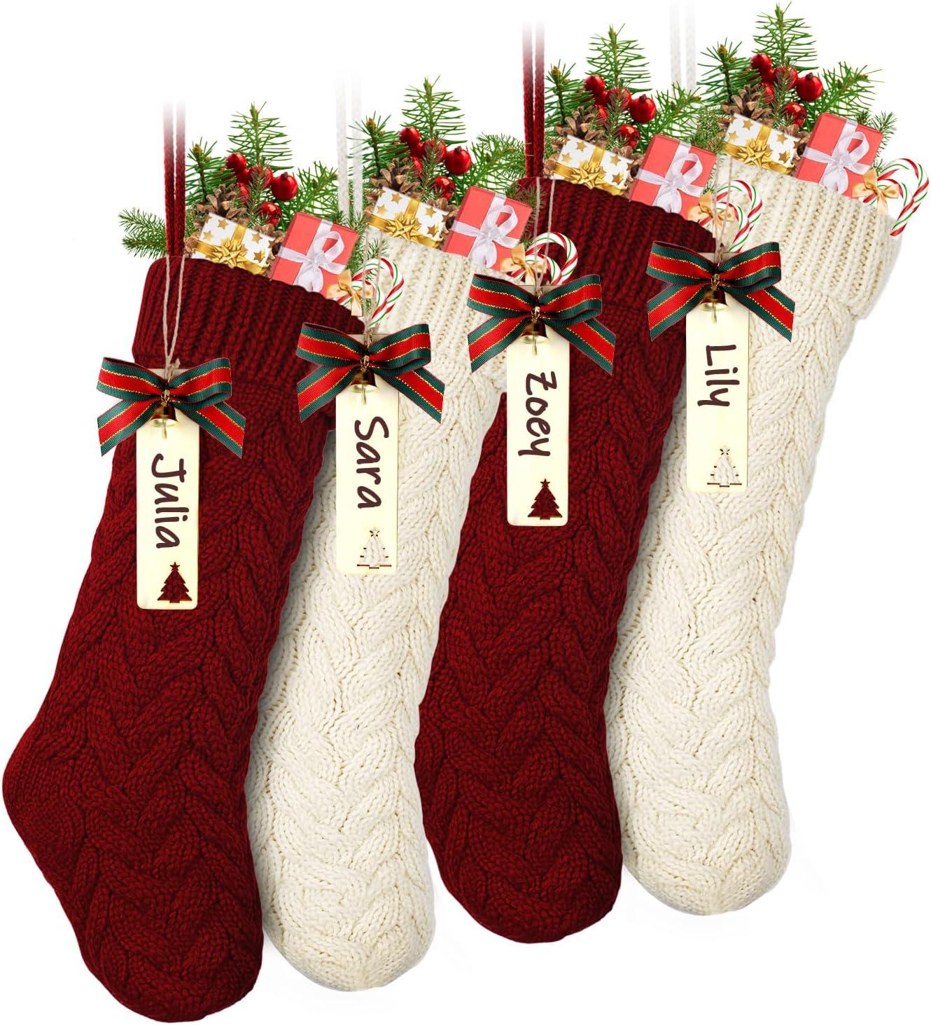 18" Burgundy and Ivory Knit Christmas Stockings with Wooden Name Tags, Set of 4