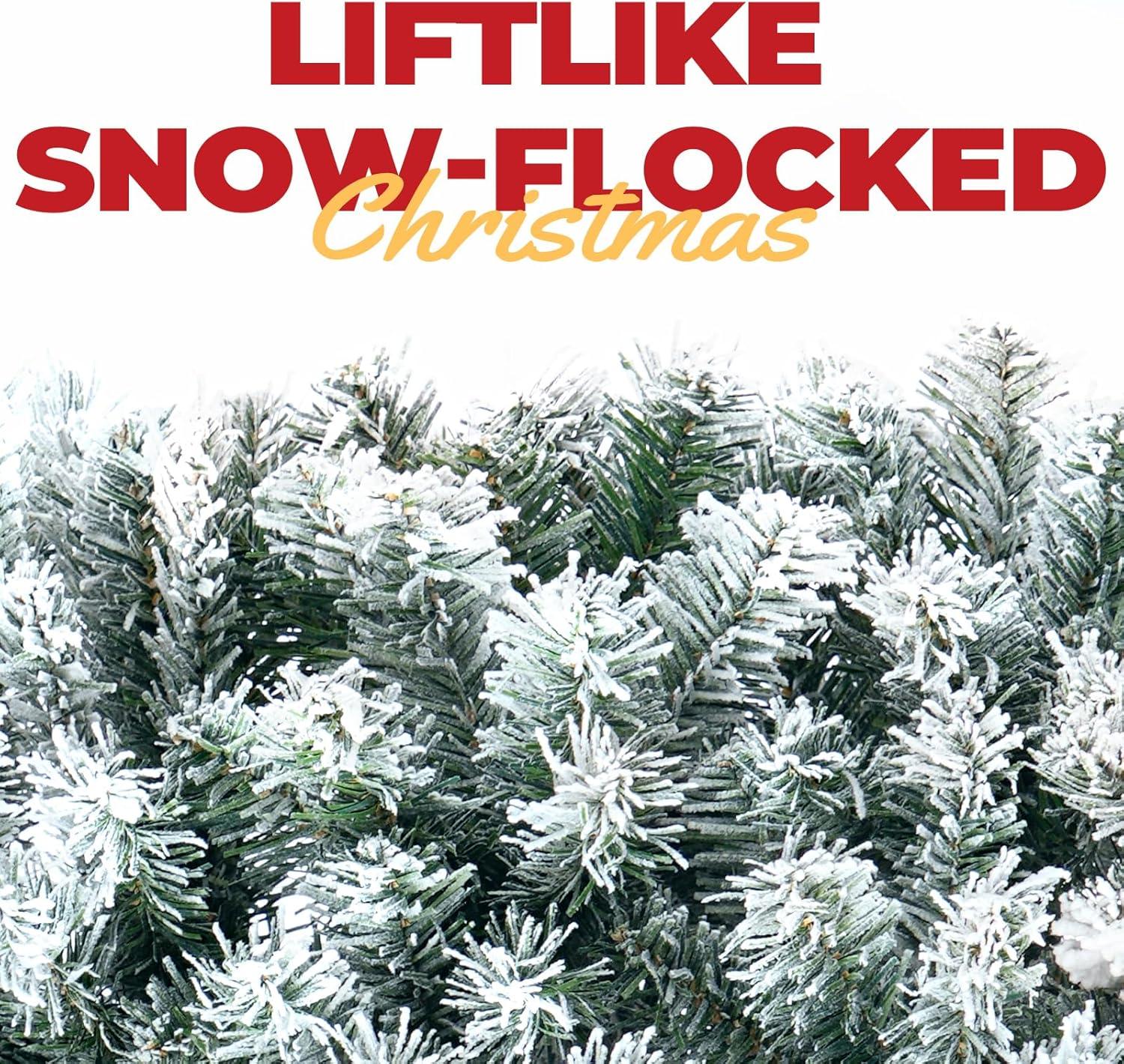 OasisCraft Un-lit 6.5Ft Snow Flocked Artificial Pencil Christmas Tree, Hinged Snowy Slim Xmas Tree Outdoor for Festive Holiday Decoration Metal Stand