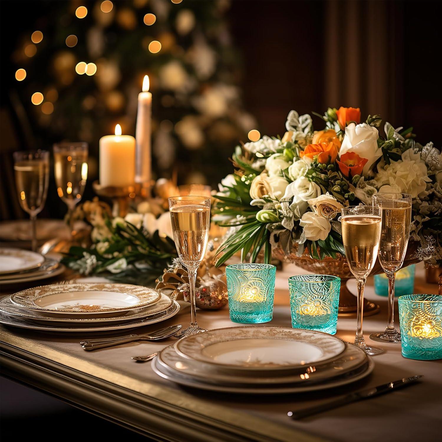 6 Pack Sun Moon Star Embossed Glass Tea Light Candle Holders - Votive Candle Holders for Wedding, Party, Home Decor, and Table Centerpieces (Aqua Blue)