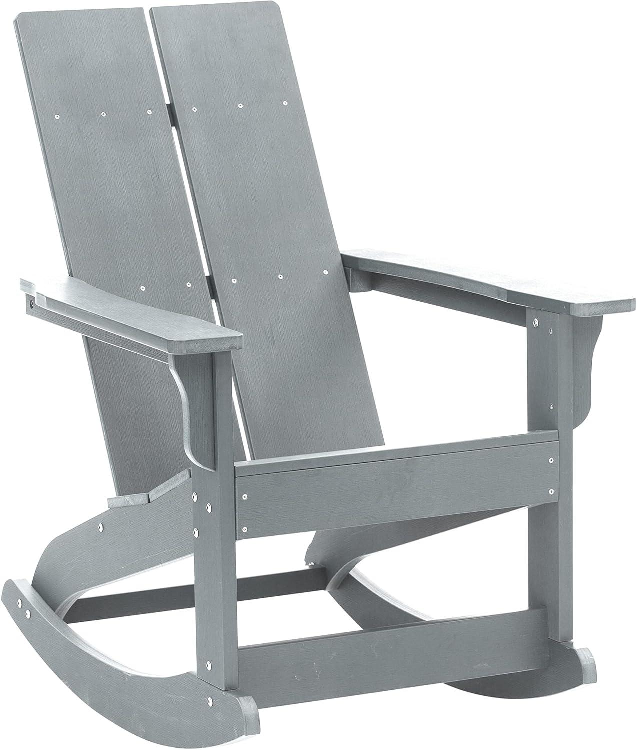Flash Furniture Finn Modern All-Weather 2-Slat Poly Resin Wood Rocking Adirondack Chair with Rust Resistant Stainless Steel Hardware in Gray