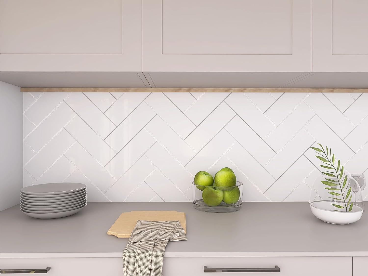 Avant Decor | 24 Stone Composite Subway Texture Tiles | Peel and Stick Kitchen Backsplash | 4" x 12" | Bex Metro Glossy Alpine | 8 sqft