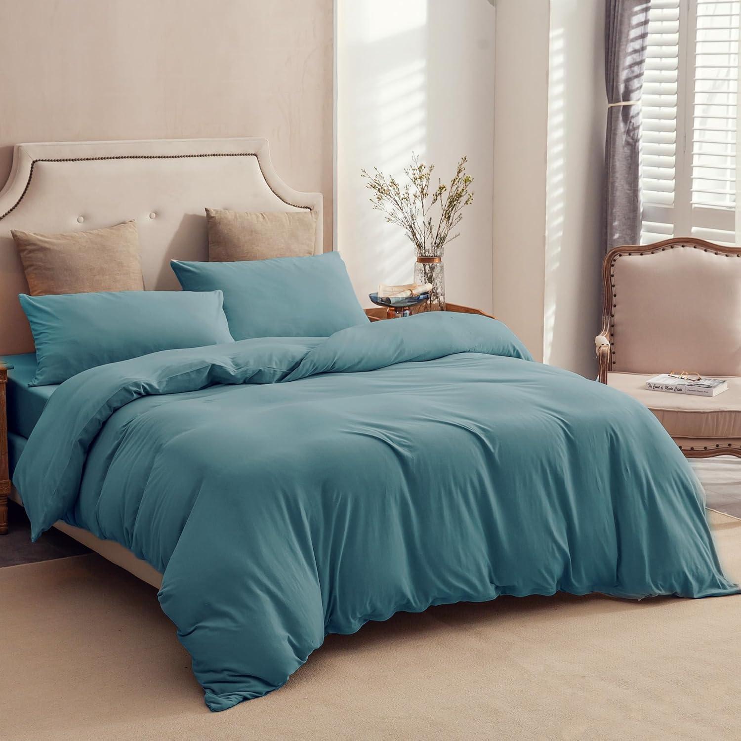 Teal Green Jersey Cotton Queen Duvet Cover Set