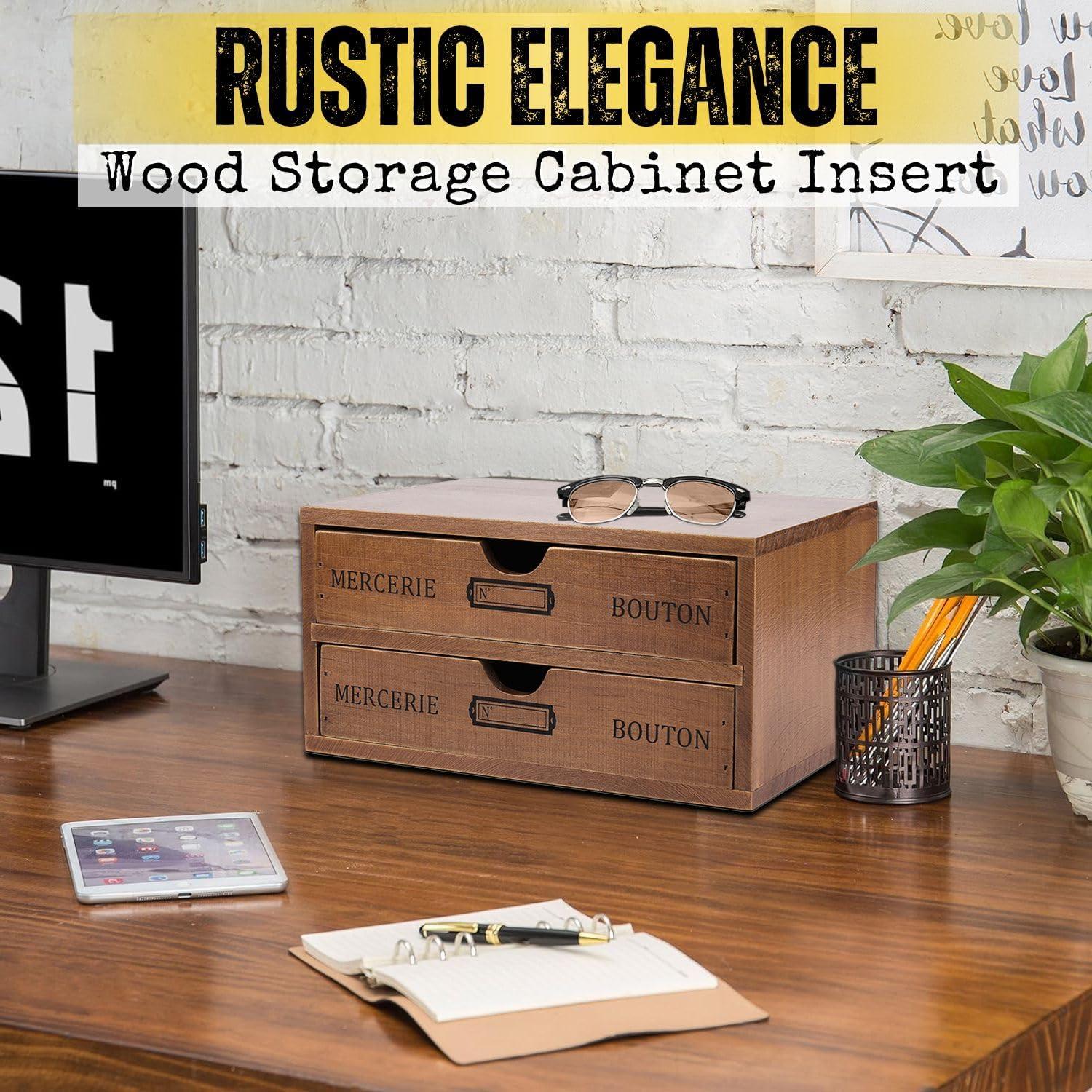 Wooden Desktop Office Supplies Organizer with 2 Storage Drawers Set, 2-Tier Wood Tabletop Cabinet, Countertop Desk Accessories Box, for Home Workspace Counter Vanity Decor Art Craft Tool Mail