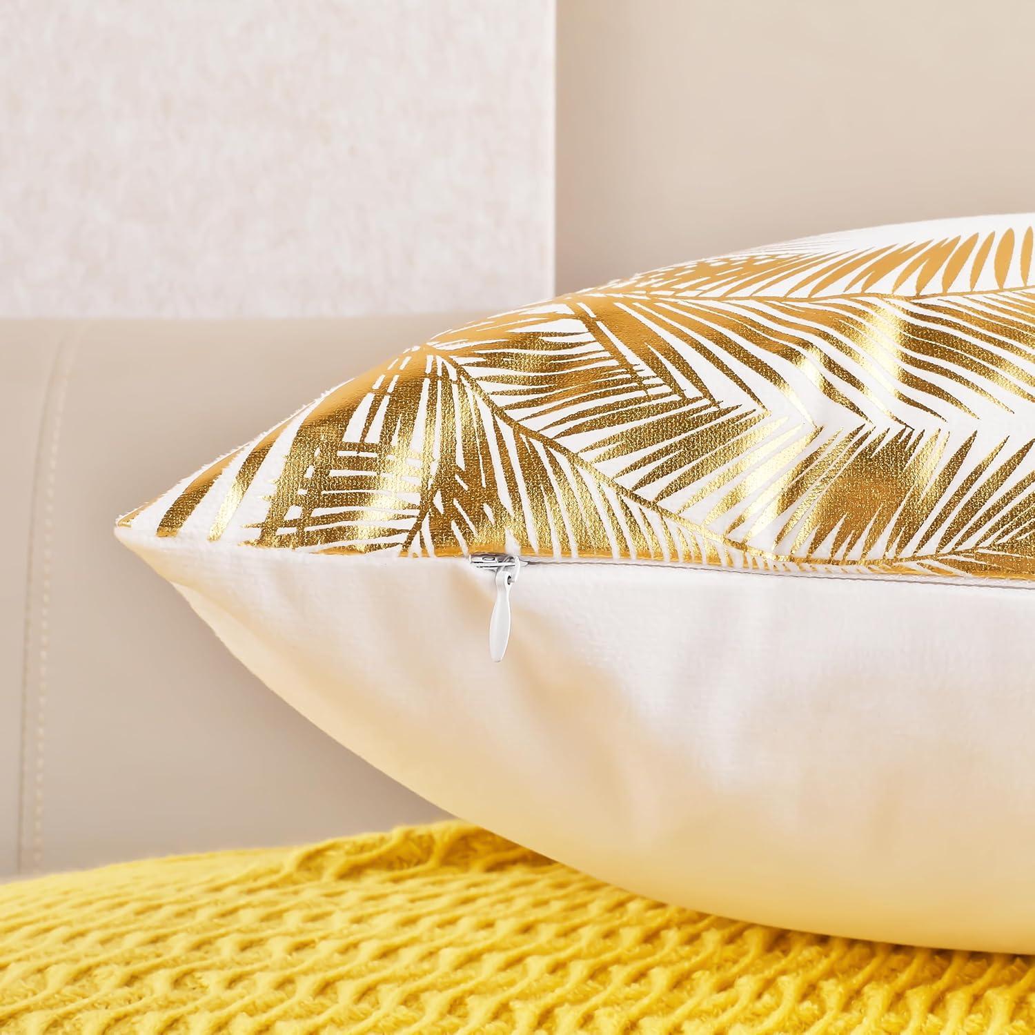 Pack of 4 Decorative Throw Pillow Case Cushion Cover Gold Stamping Leaves 18 x 18 inches 45 x 45 cm for Couch Bedroom Car