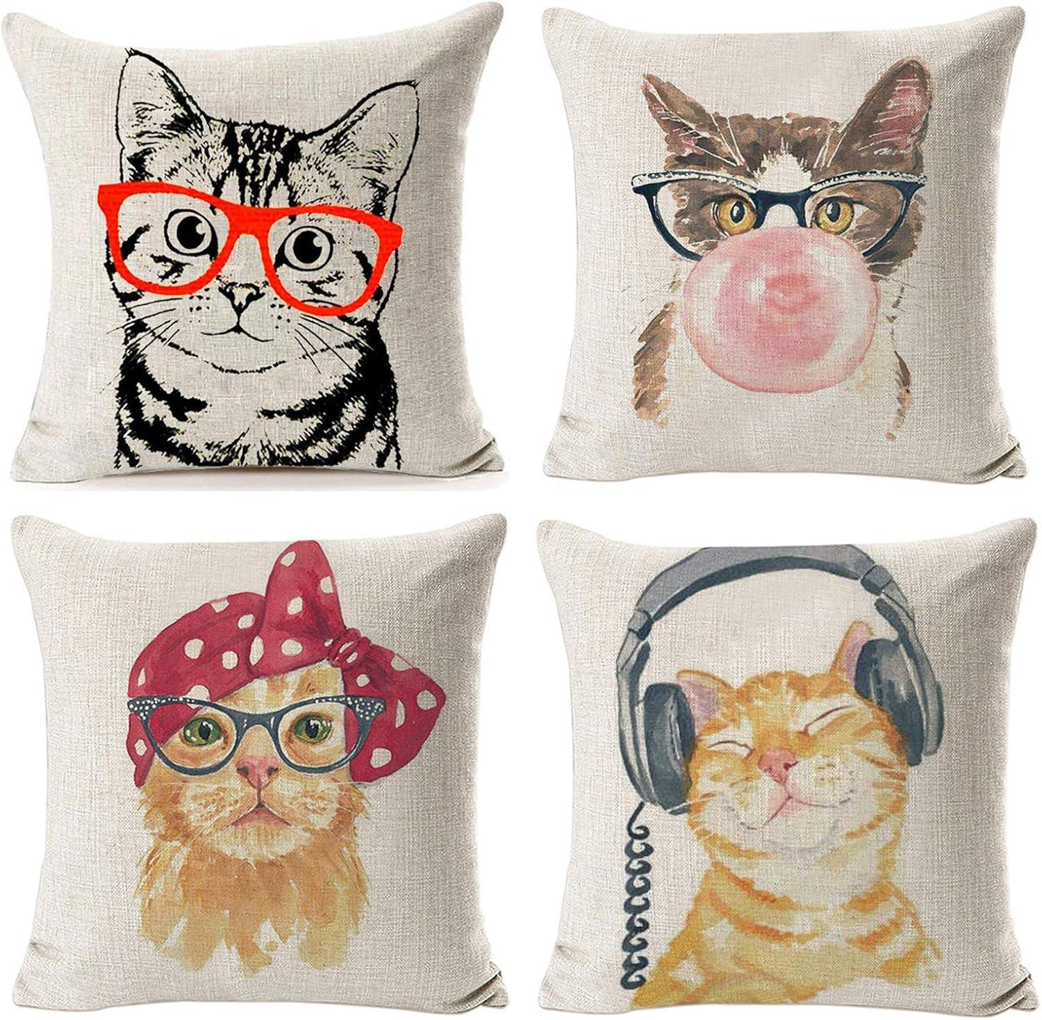 Throw Pillow Covers Cat Pillow Cases Animal Kitty Pillowcase Cotton Linen Cushion Cover for Couch Bed Sofa Patio Car,18" x 18",Set of 4