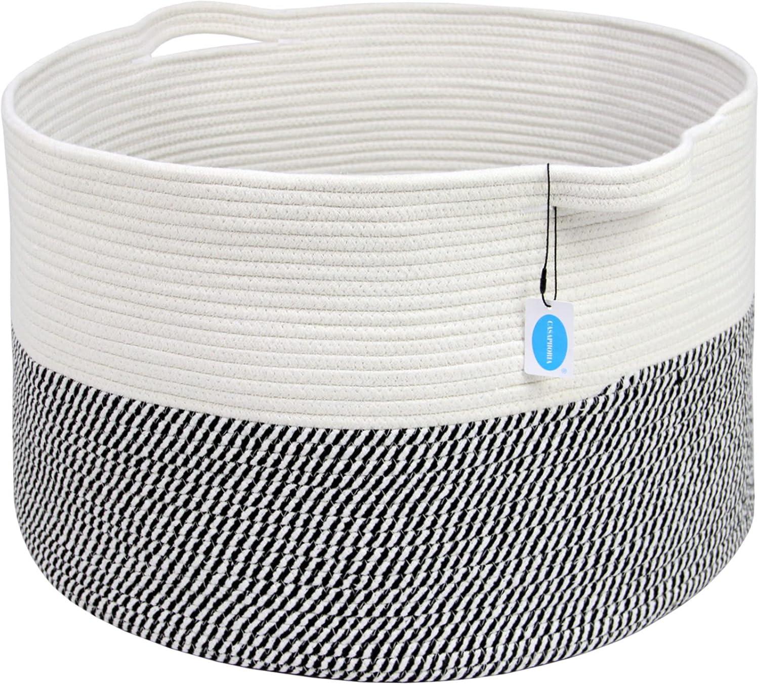 Casaphoria XXXLarge Cotton Rope Basket for Living Room - Woven Storage Basket with Handle for Blankets, Towels and Pillows Laundry Hamper | White & Grey (21.7" x 21.7" x 13.8")