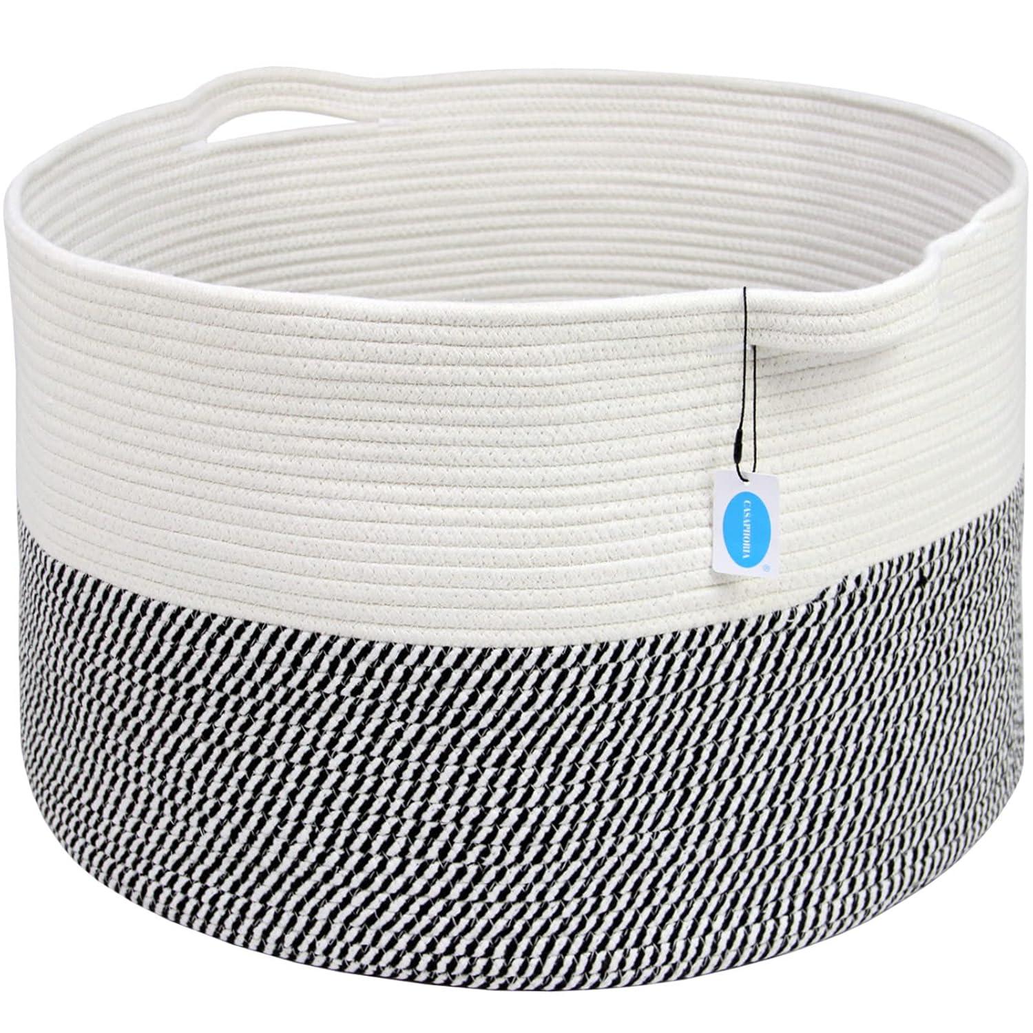 Casaphoria XXXLarge Cotton Rope Basket for Living Room - Woven Storage Basket with Handle for Blankets, Towels and Pillows Laundry Hamper | White & Grey (21.7" x 21.7" x 13.8")