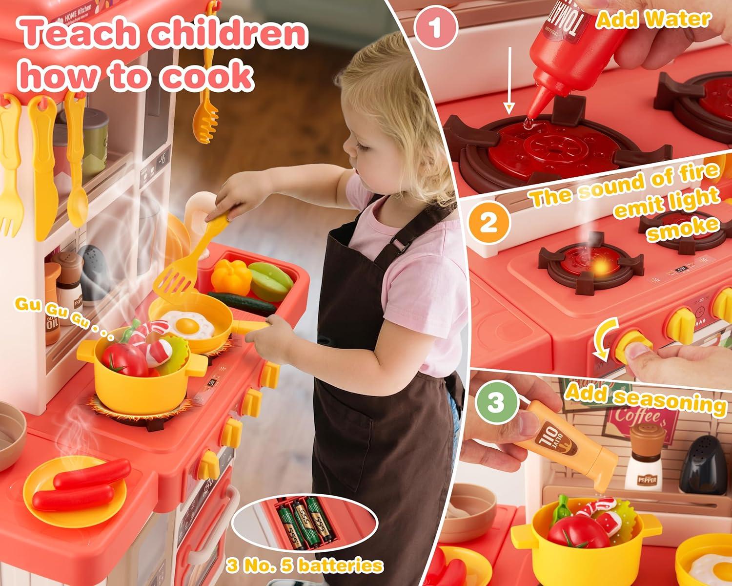 Koppop Kids Kitchen Playset 50pcs - with Sound, Light & Steam Effects, Pretend Play Toys Includes Food, Sink & Stove, Ideal for Boys & Girls Ages 3-6 (Red).
