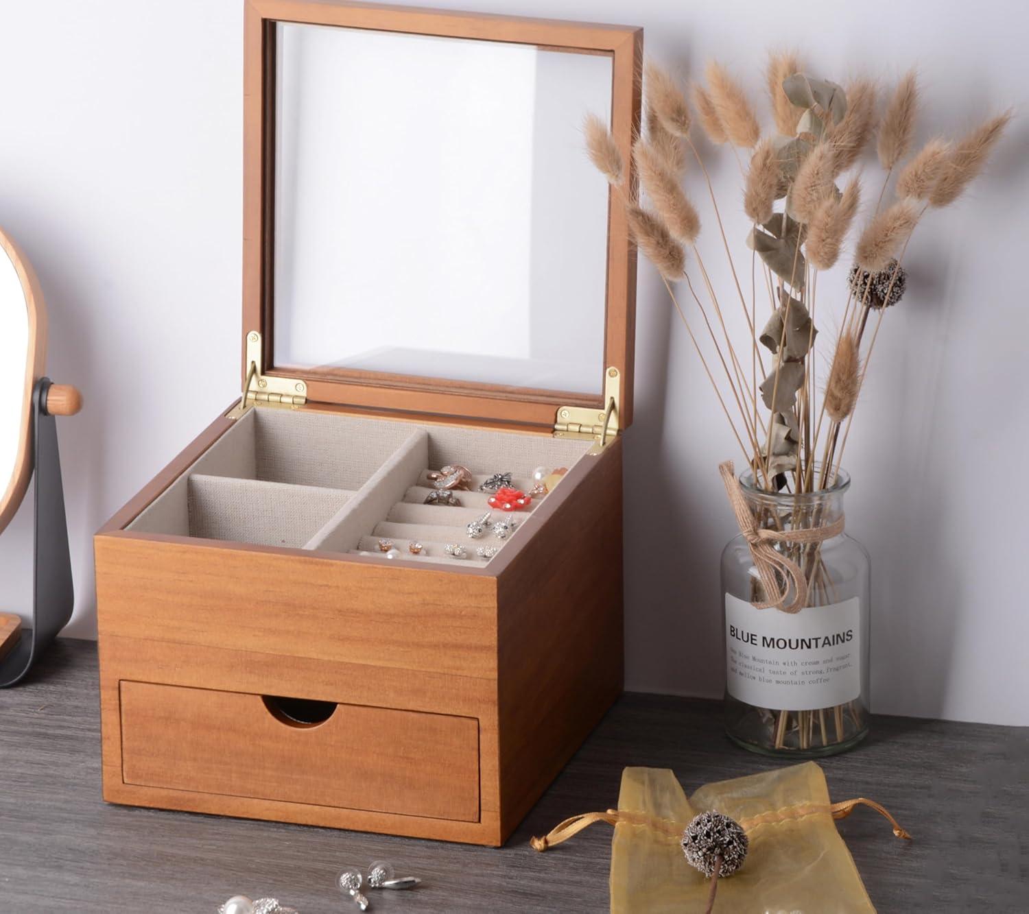 Vintage Pine Wood Jewelry Box with Glass Lid