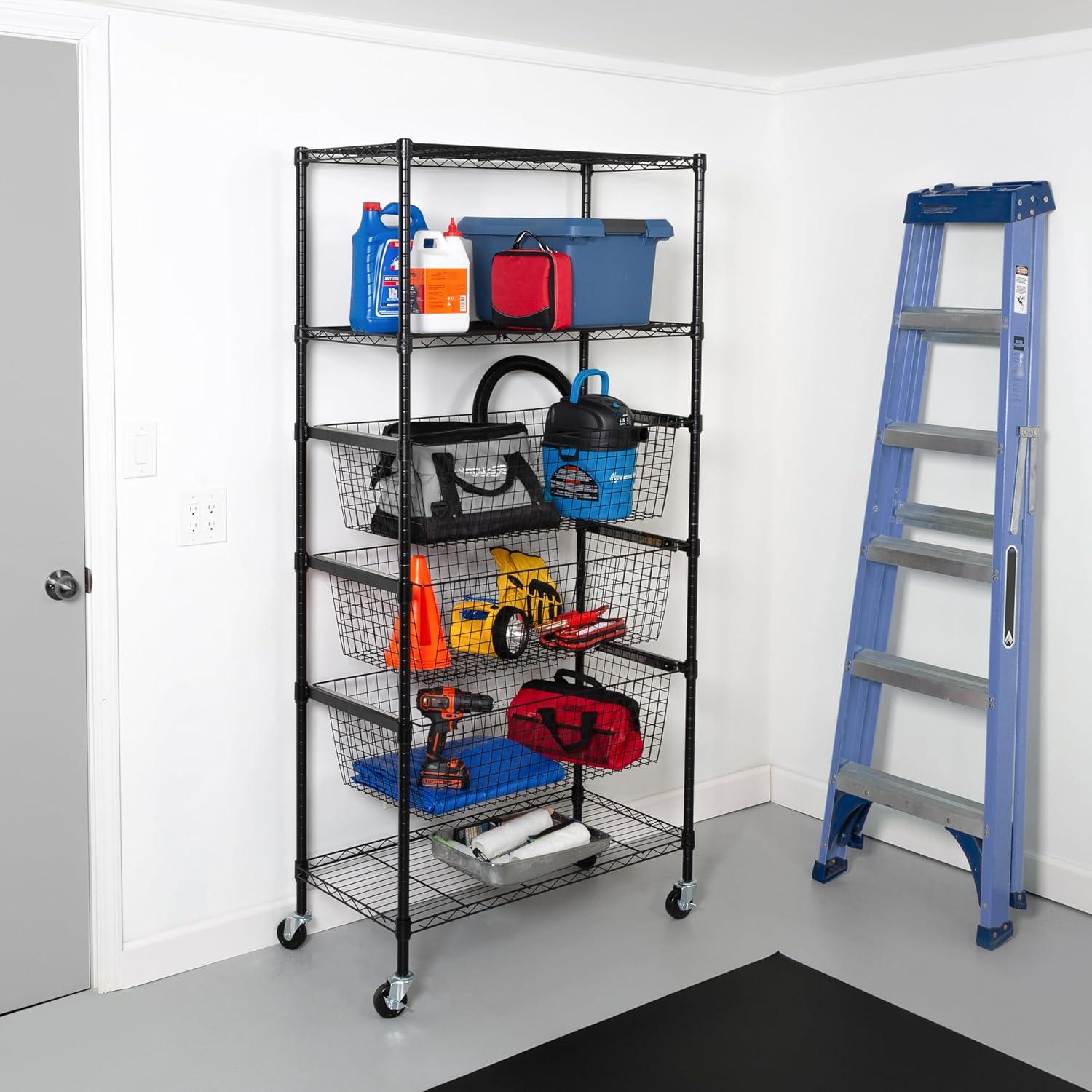 Honey-Can-Do 3-Shelf Steel Heavy-Duty Storage Shelves with 3 Pull-Out Baskets, Black, Holds up to 200 lb per Shelf