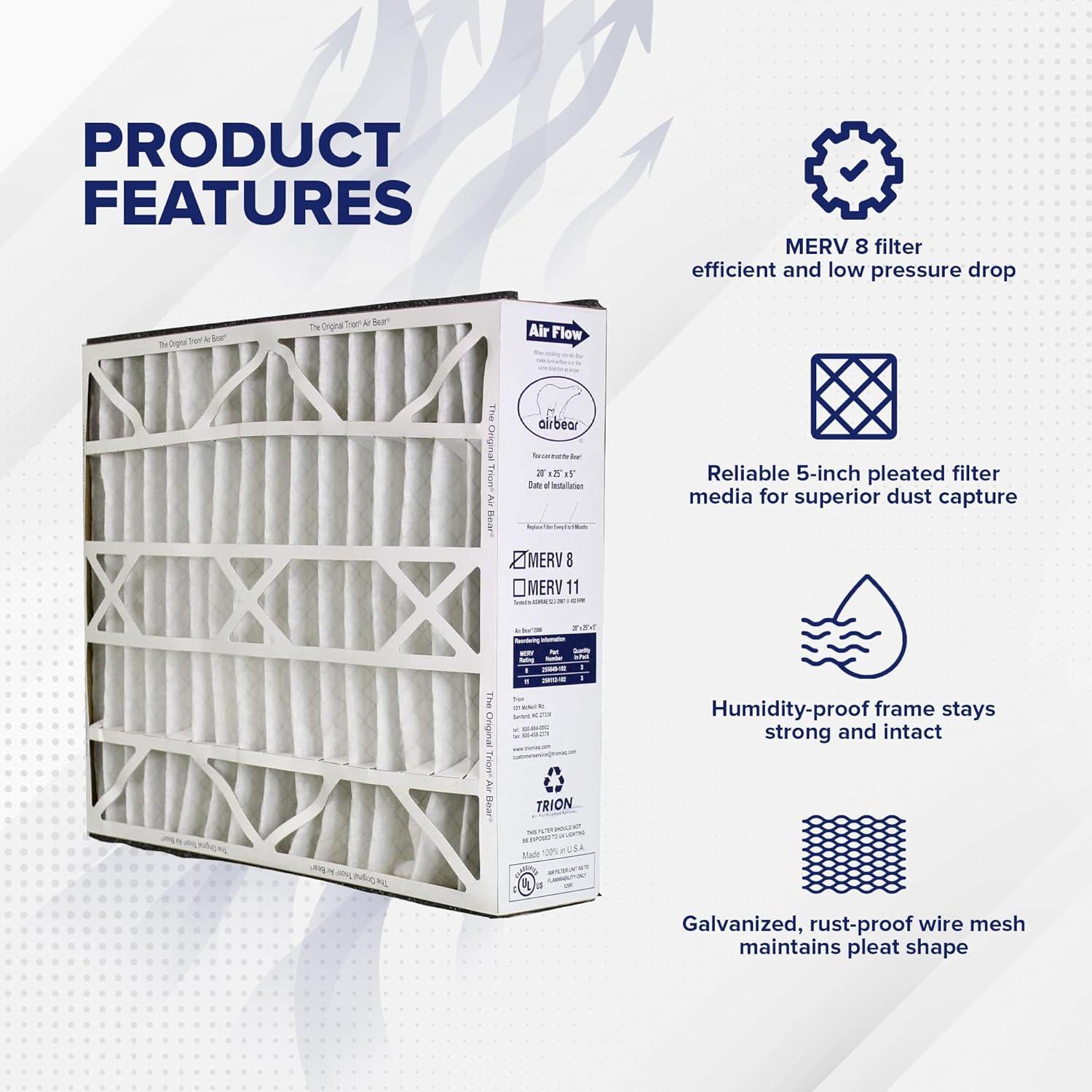 Trion 255649-102 Air Bear 20x25x5 Inch MERV 8 Air Purifier Filter for Air Bear Supreme, Right Angle, and Cub Air Cleaner Purification Systems (3 Pack)
