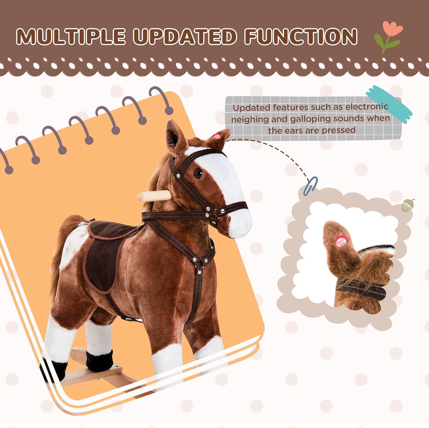 Qaba Kids Plush Toy Rocking Horse Ride on with Realistic Sounds -  Brown
