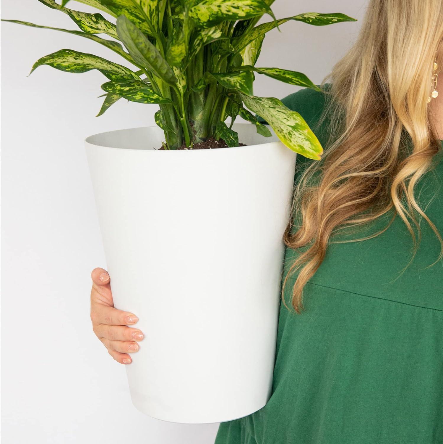 Bloem Tall Finley Tapered Round Planter: 14" - Casper White - Matte Textured Finish, 100% Recycled Plastic Pot, For Indoor and Outdoor Use, Gardening, 4 Gallon Capacity