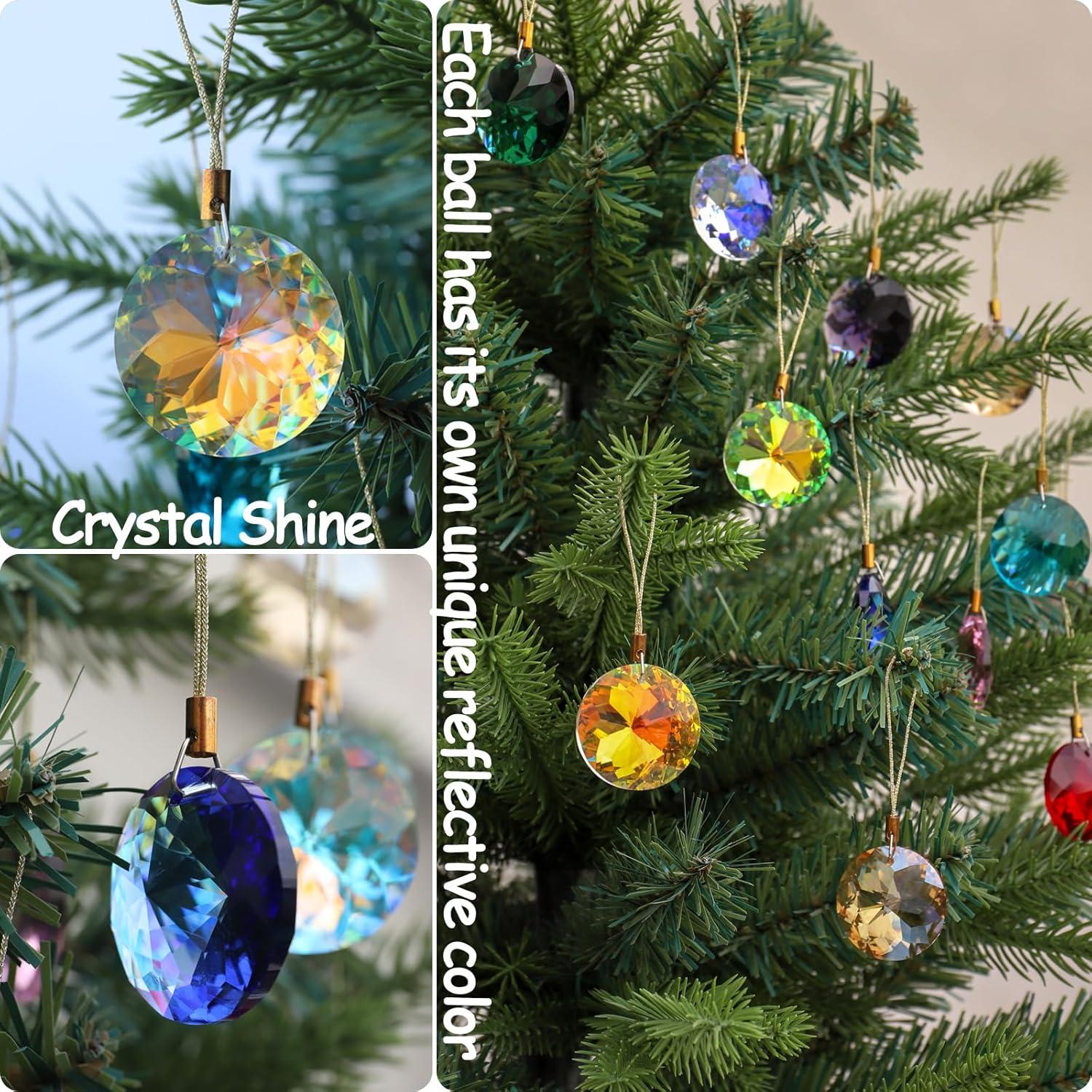 12 Pcs Crystal Glass Christmas Balls Ornaments, 1.18″ Mini Round Prism Flower Xmas Tree Decorations, Hanging Ornament for Wedding Party Home Decor (Multicolor)